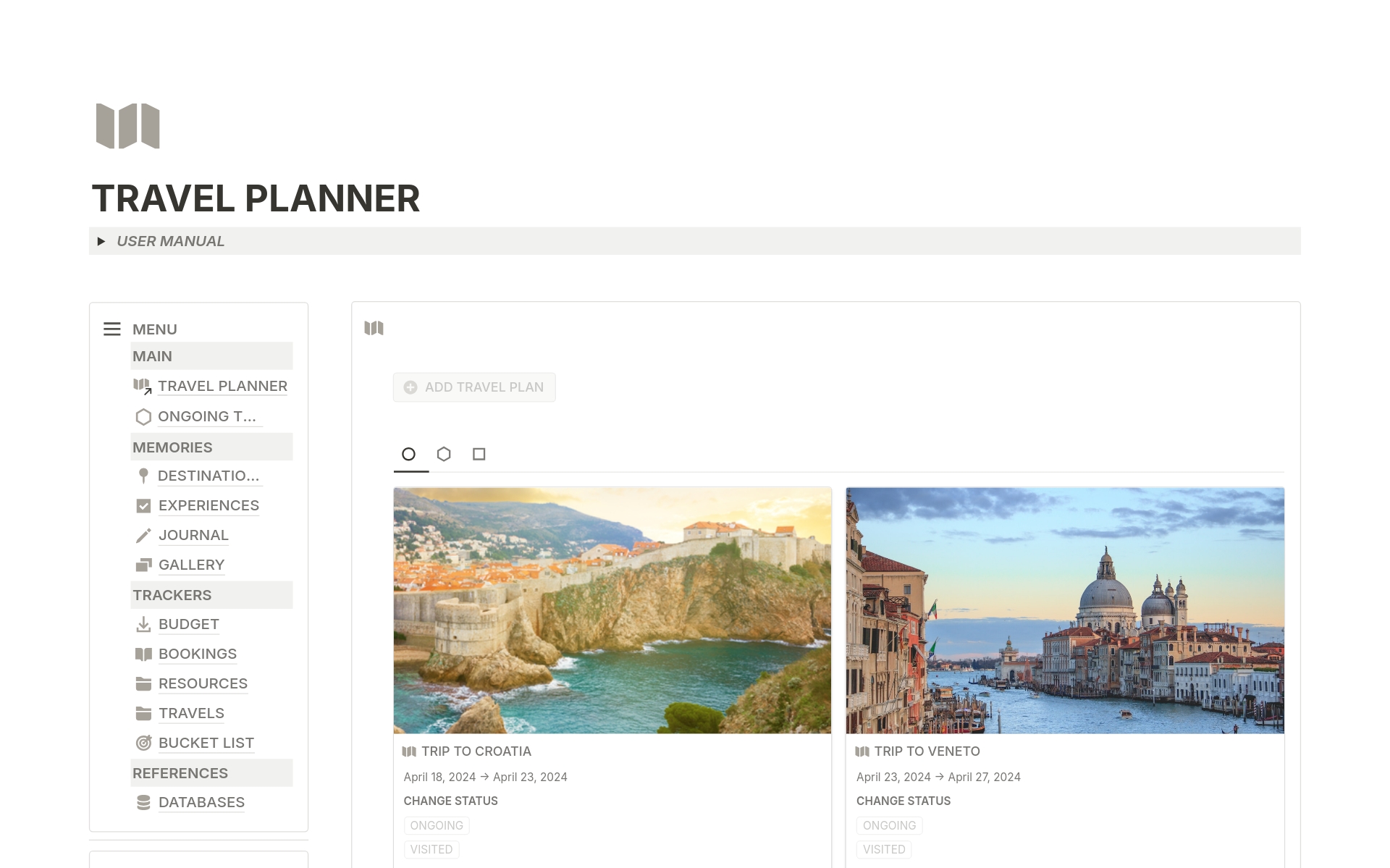 This travel planner helps you organize every aspect of your trips in one convenient place. Easily manage accommodations, itineraries, and transportation, track your budgets, and keep all your bookings and travel memories neatly organized.
