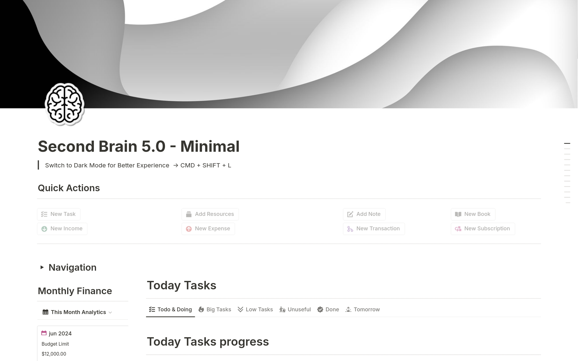 A template preview for Second Brain 5.0 - Minimal