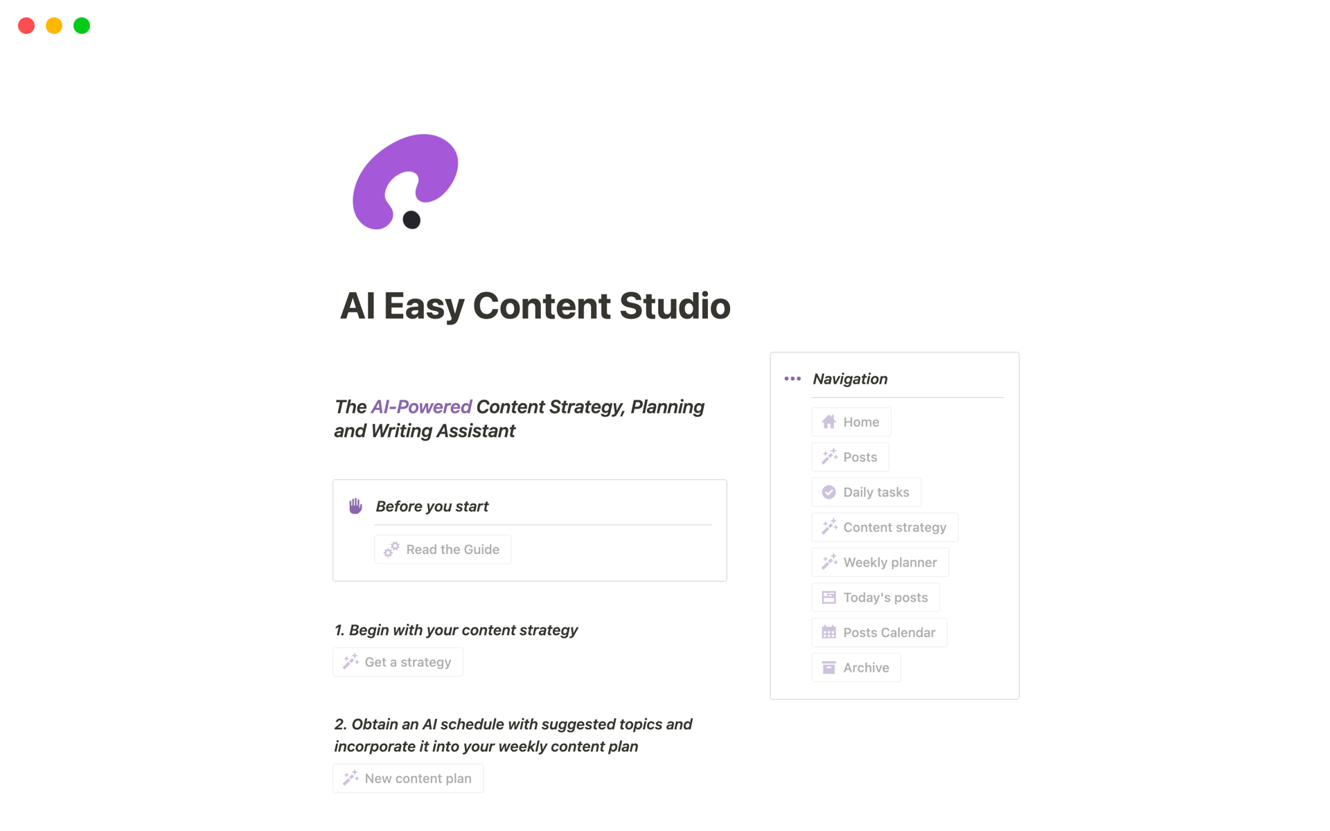 En förhandsgranskning av mallen för AI Easy Content Strategy & Planner Studio