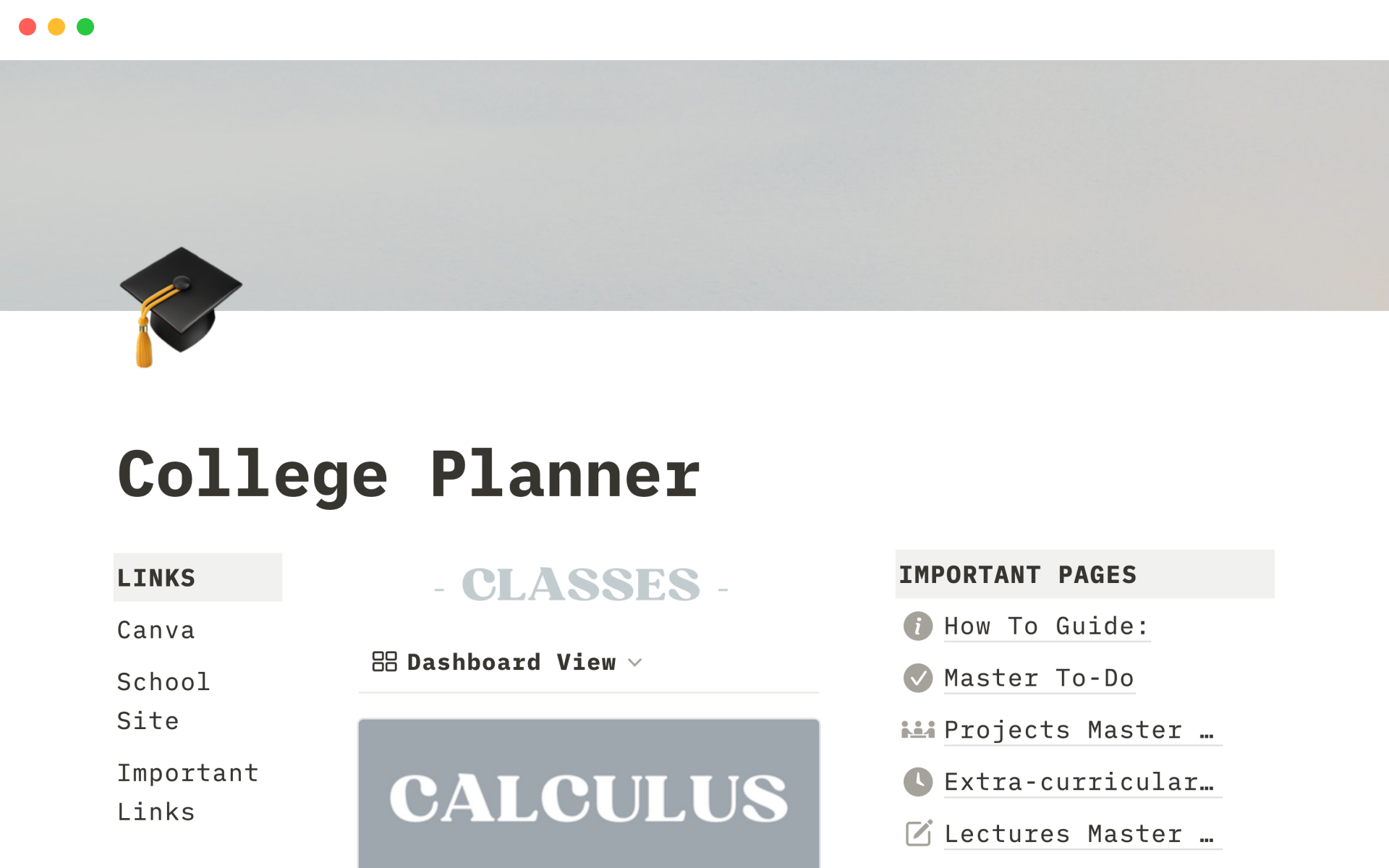 Uma prévia do modelo para College planner