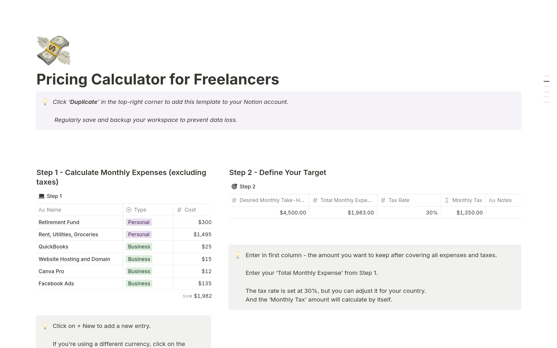 A template preview for Pricing Calculator for Freelancers