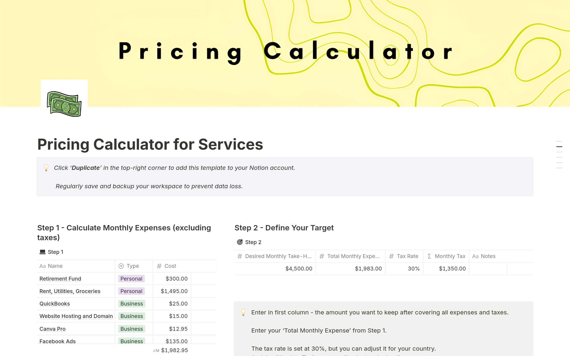 En förhandsgranskning av mallen för Pricing Calculator for Services