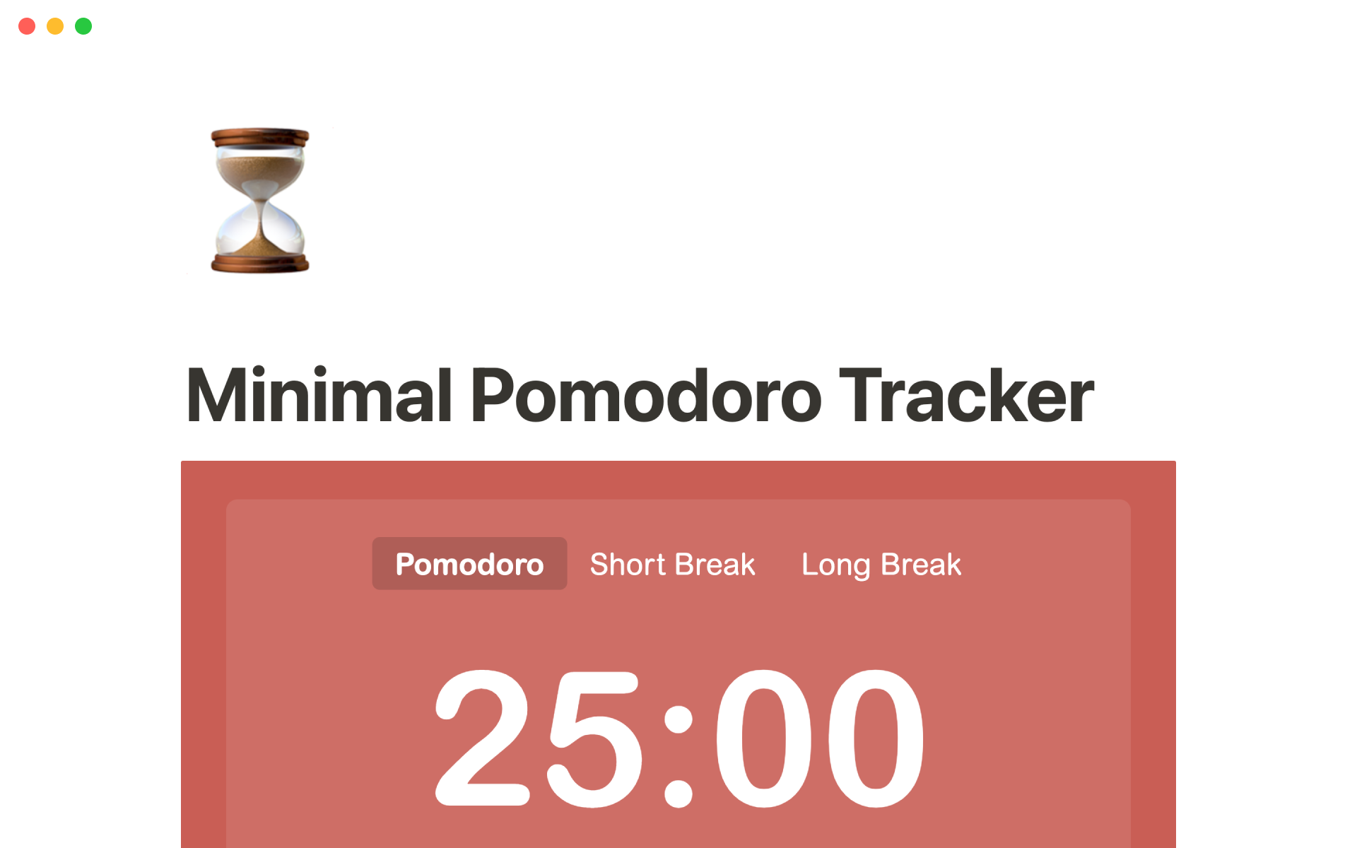 En forhåndsvisning av mal for Minimal pomodoro tracker