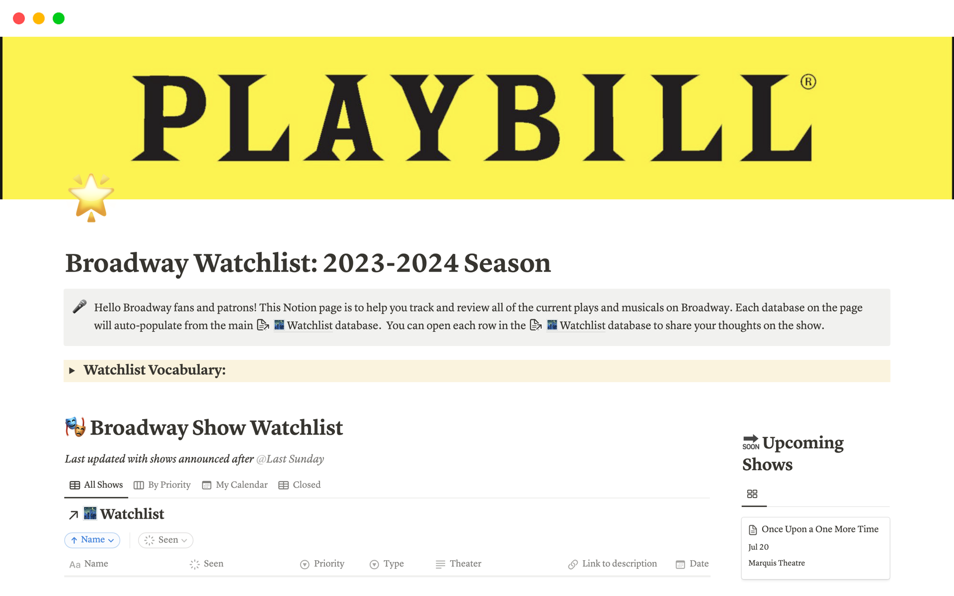 Use this template to help track and review all of the current plays and musicals on Broadway. 