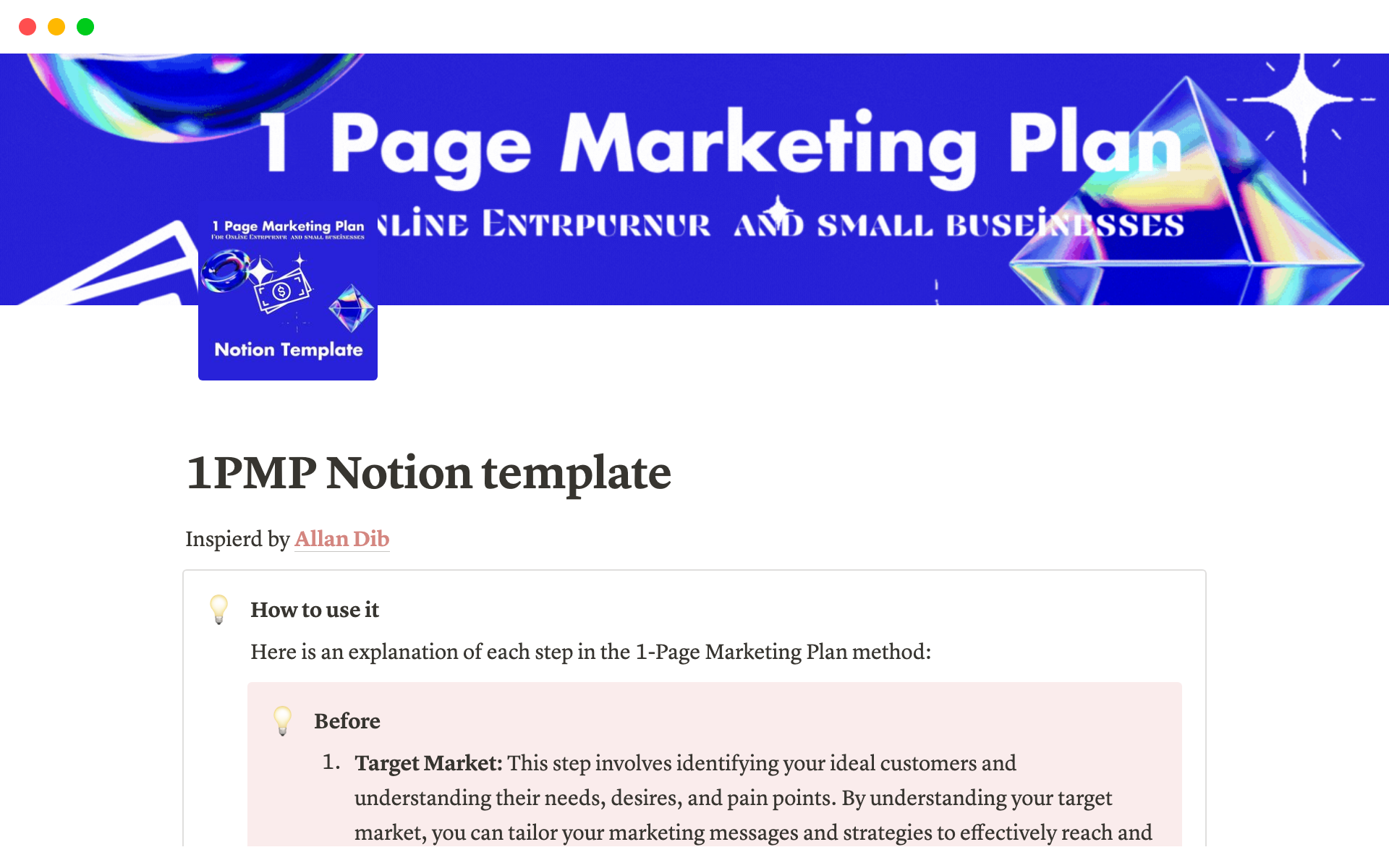 En forhåndsvisning av mal for MarketBoost: The Ultimate 1-Page Marketing Plan Notion Template for Small Online Businesses