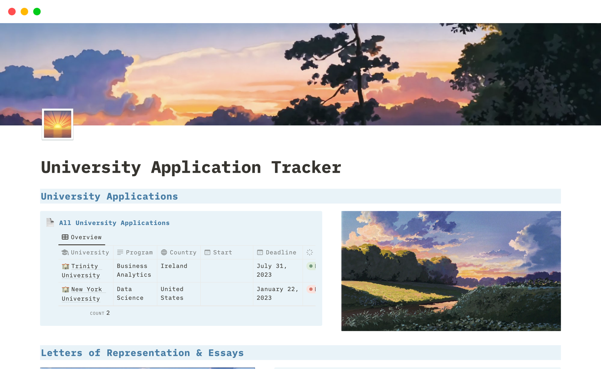 Uma prévia do modelo para Sunset Serenity University Application Tracker