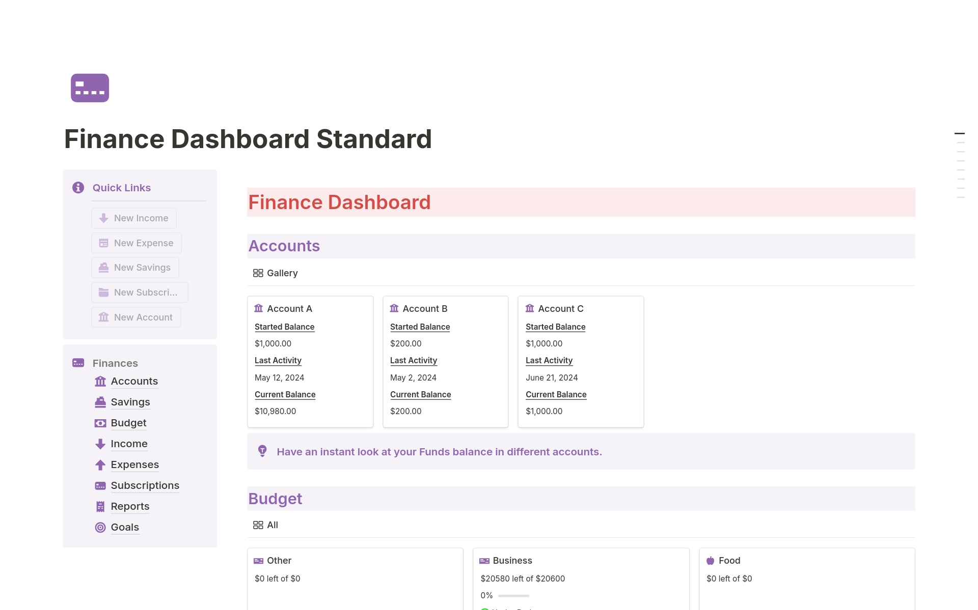 A template preview for Finance Dashboard