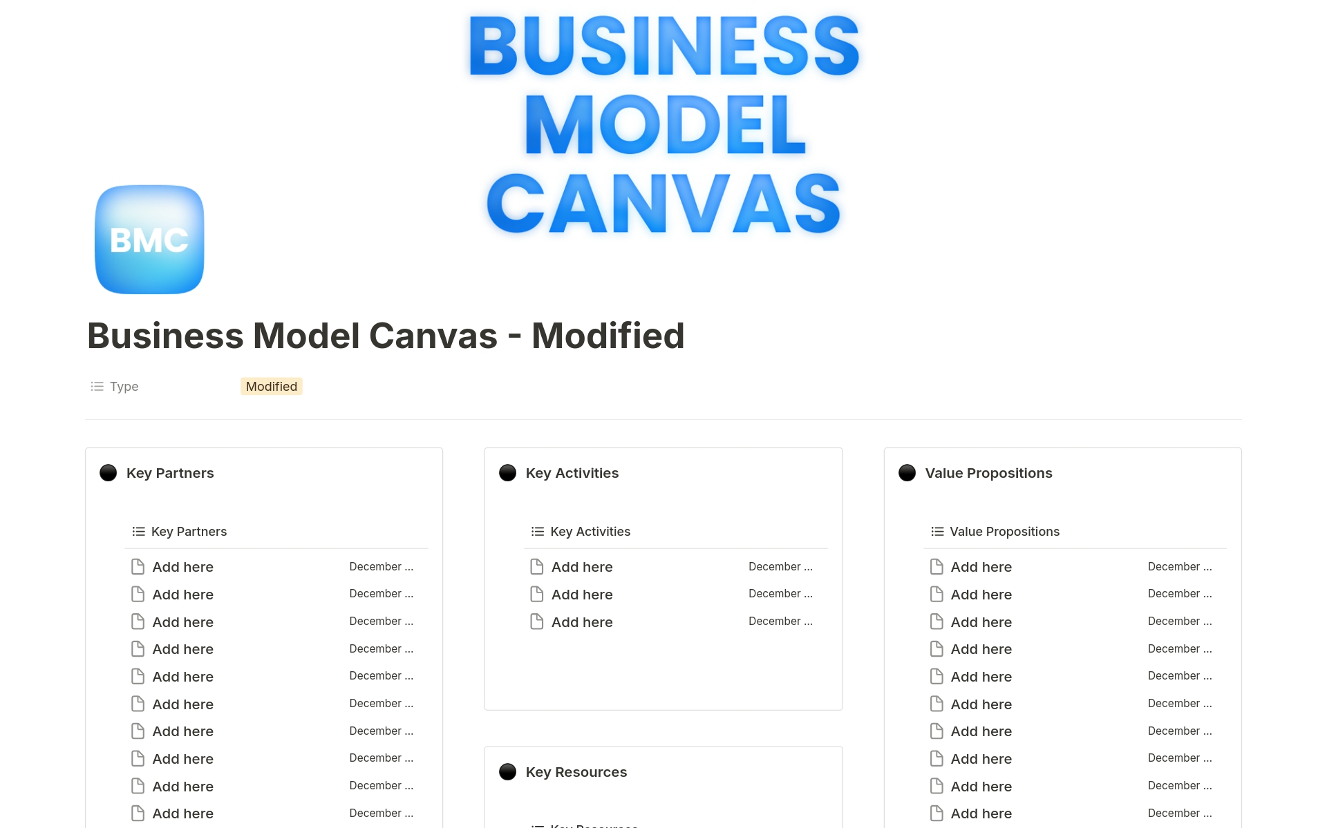 The Business Model Canvas for Notion splits a business model into 9 areas and invites you to brainstorm how your business will capitalize on each.