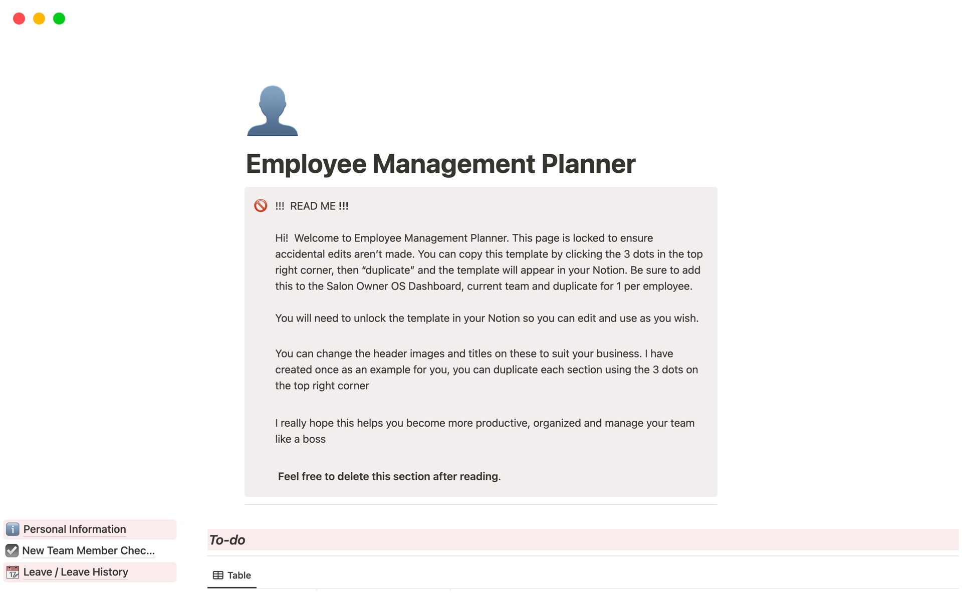 Vista previa de una plantilla para Employee Management Planner