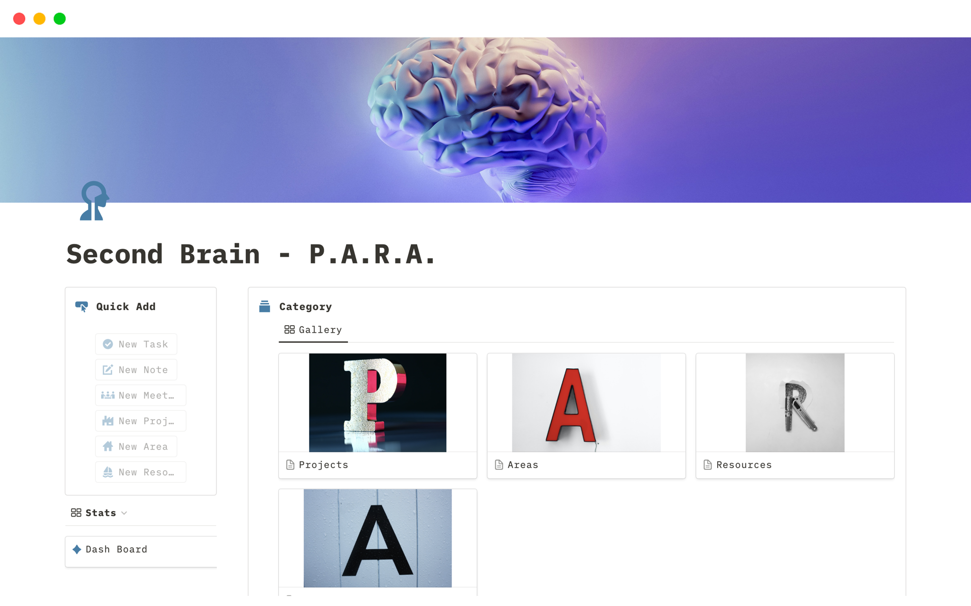 Uma prévia do modelo para Second Brain - P.A.R.A.
