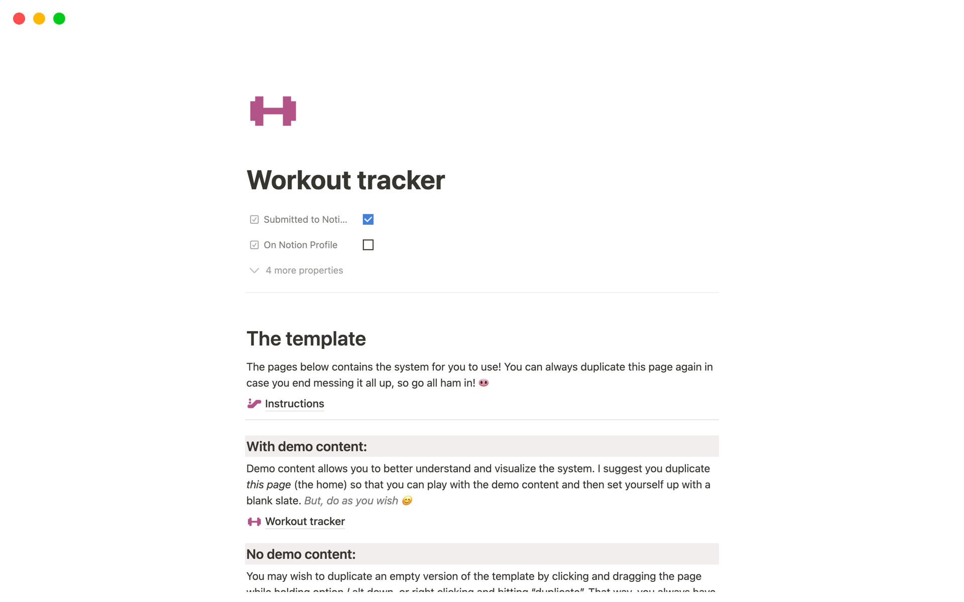 Vista previa de una plantilla para Workout tracker