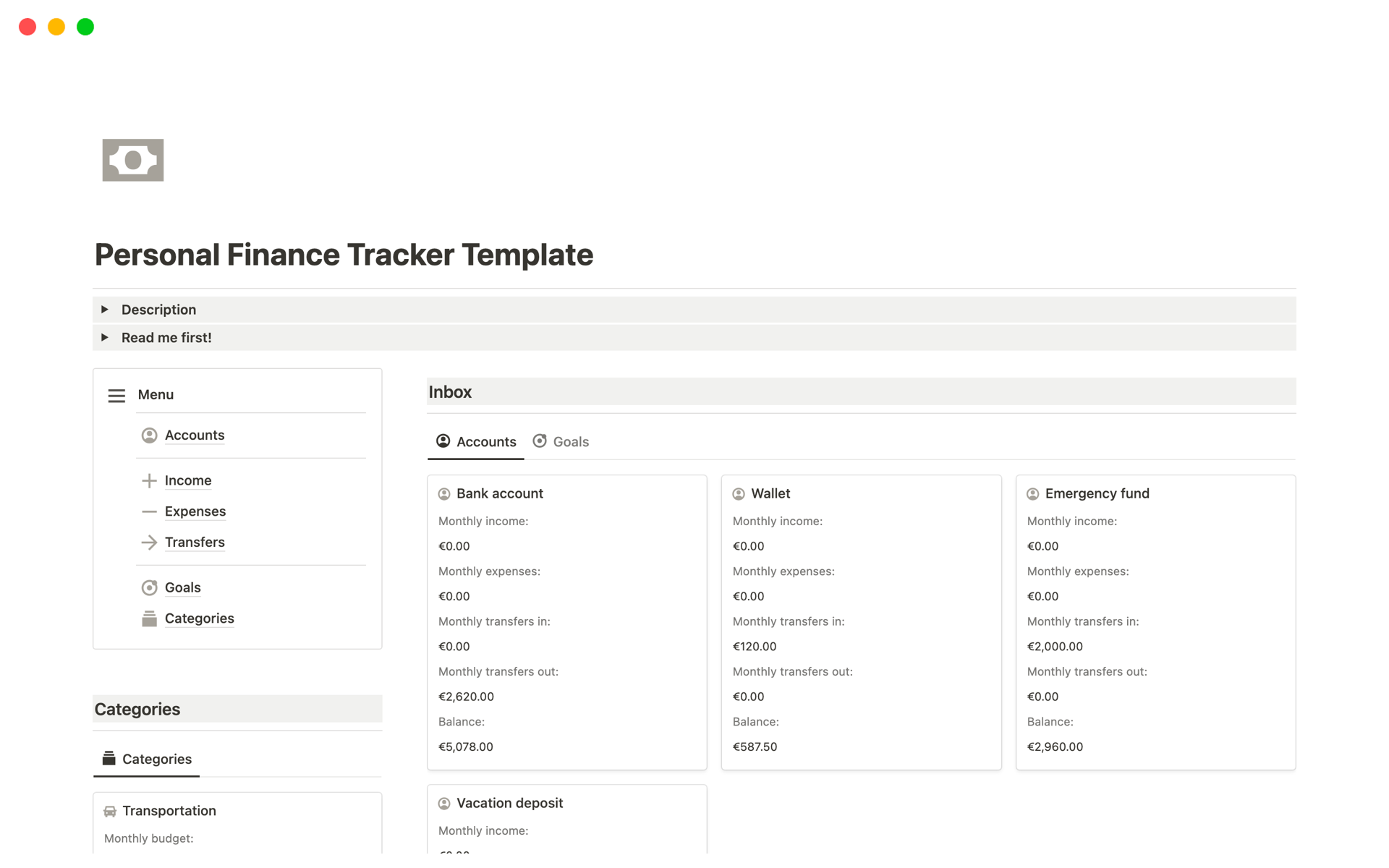 Eine Vorlagenvorschau für Personal Finance Tracker