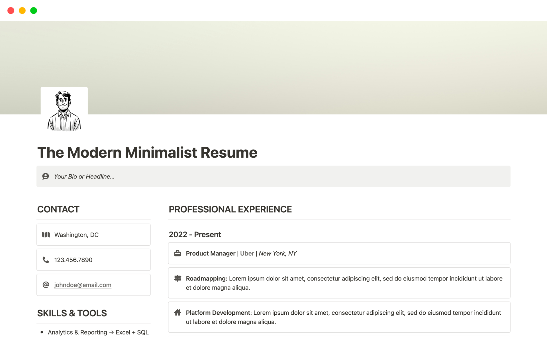 The Modern Minimalist Resume: A sleek Notion template for professionals seeking an understated yet sophisticated way to showcase their career journey.