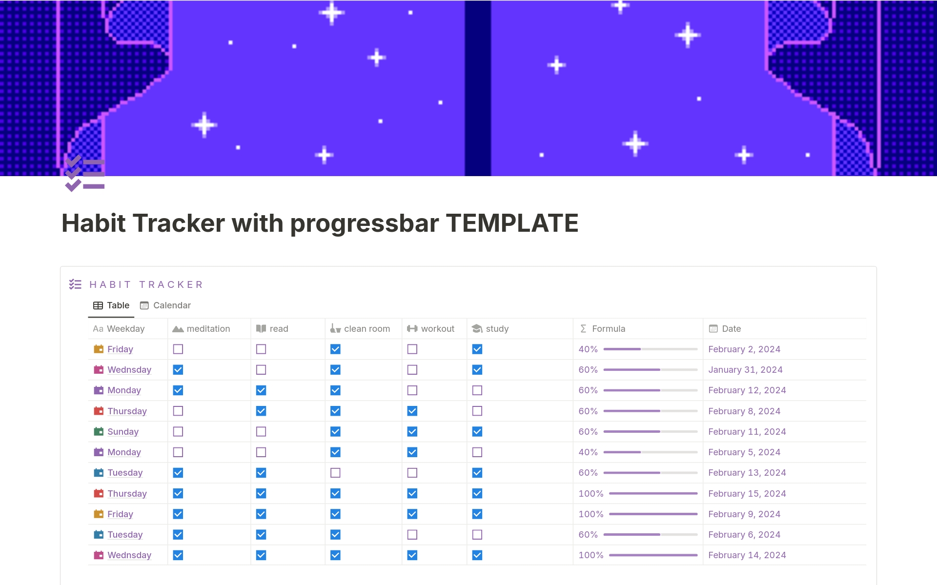 Uma prévia do modelo para Habit Tracker with Progressbar