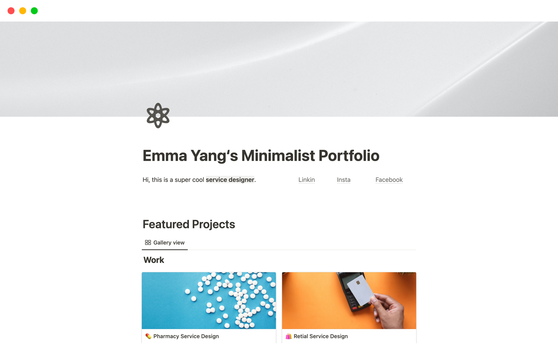 En forhåndsvisning av mal for Emma Yang‘s Minimalist Portfolio