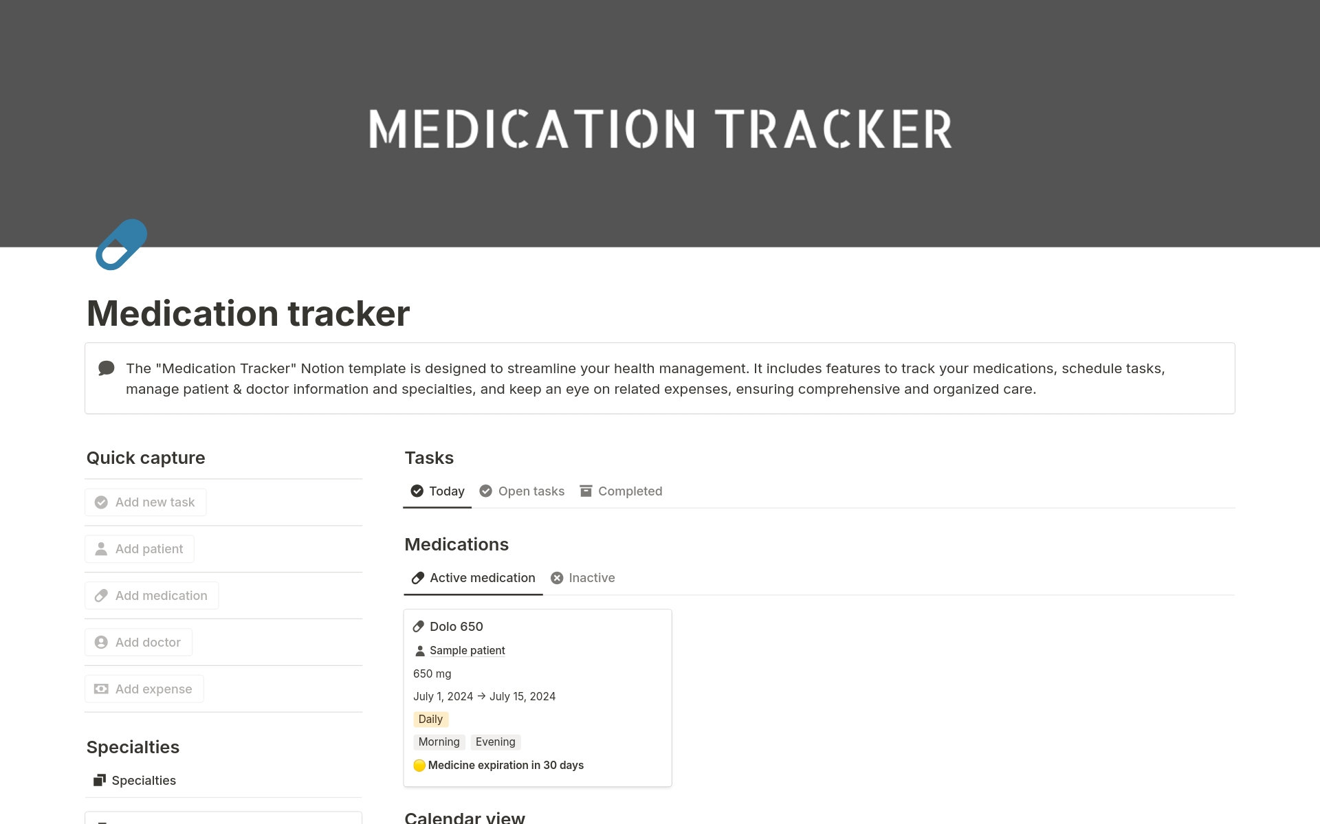 En forhåndsvisning av mal for Medication tracker