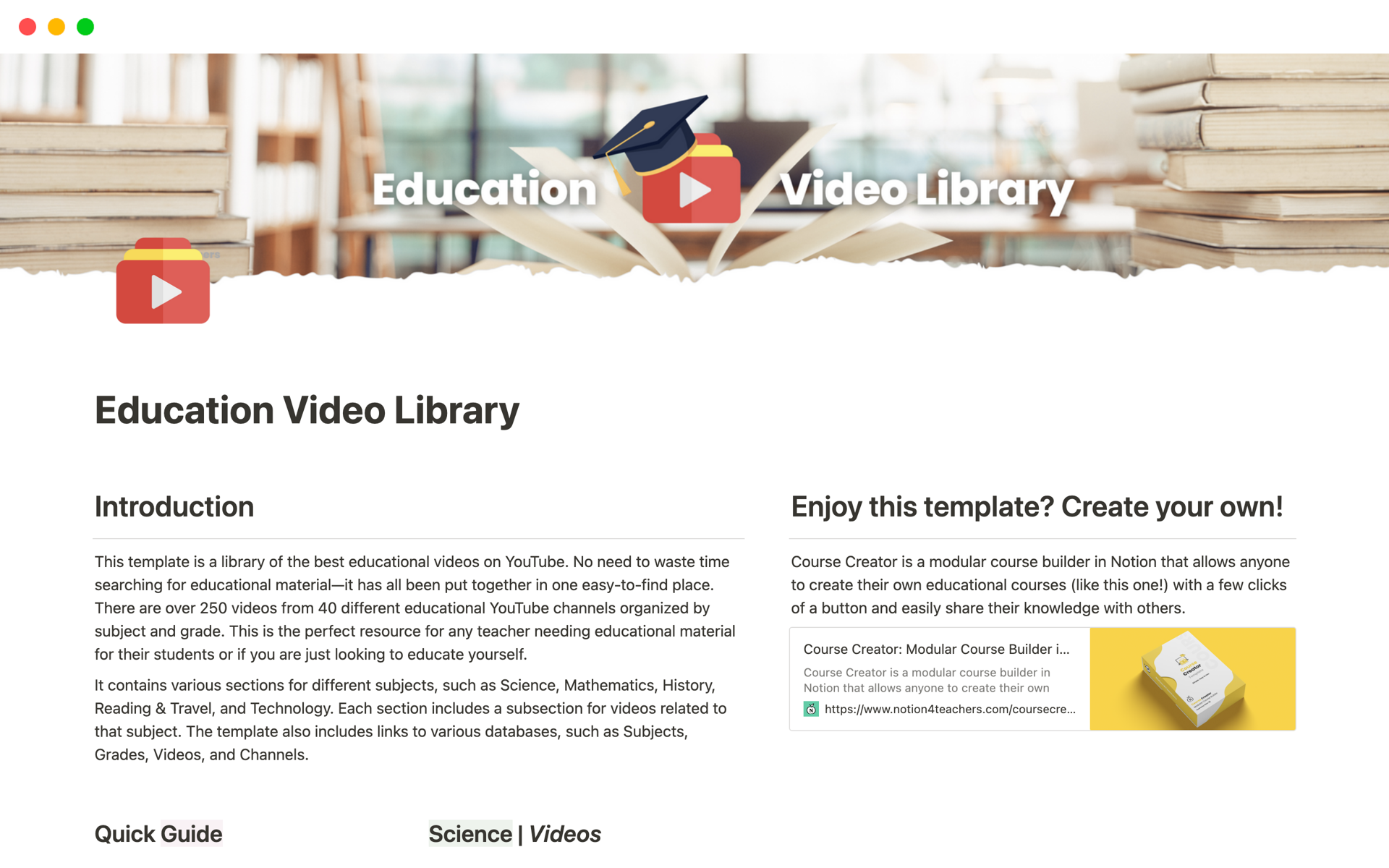 En forhåndsvisning av mal for Education Video Library