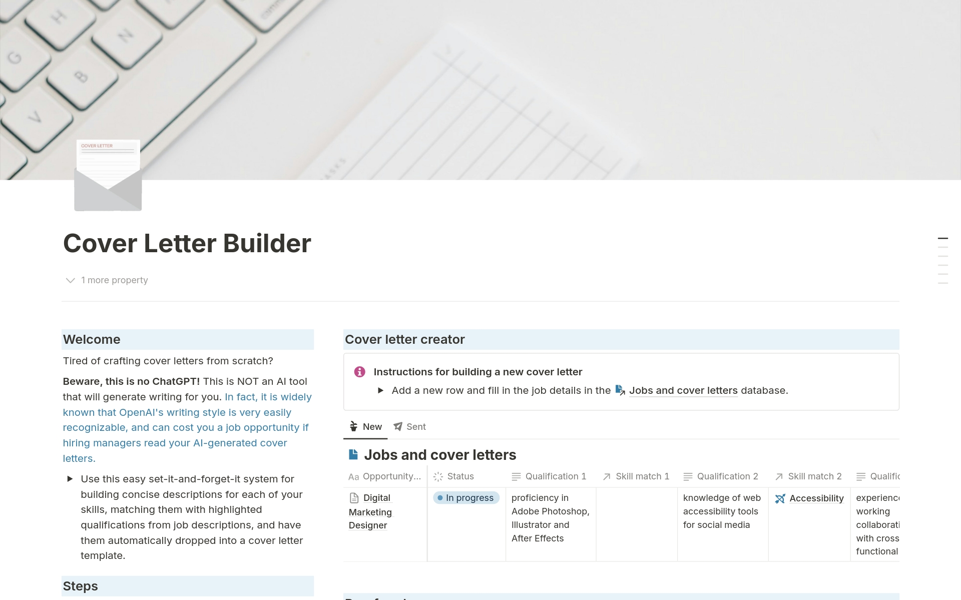 Tired of crafting cover letters from scratch? Always include a cover letter when applying to your favourite companies. With the Cover Letter Builder, creating a cover letter couldn't get easier. 
