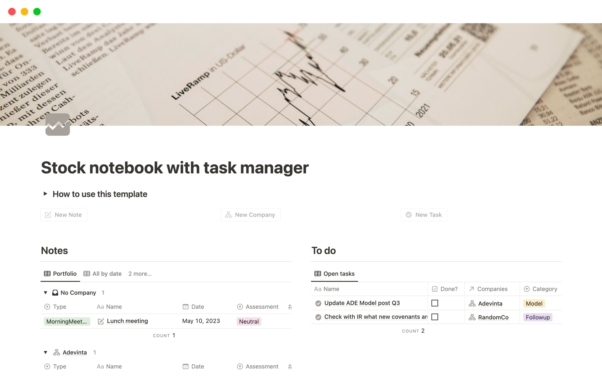 En forhåndsvisning av mal for Stock notebook with task manager