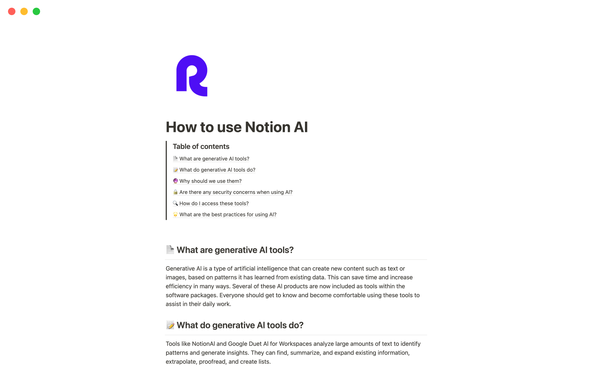 En förhandsgranskning av mallen för How to use Notion AI by Remote