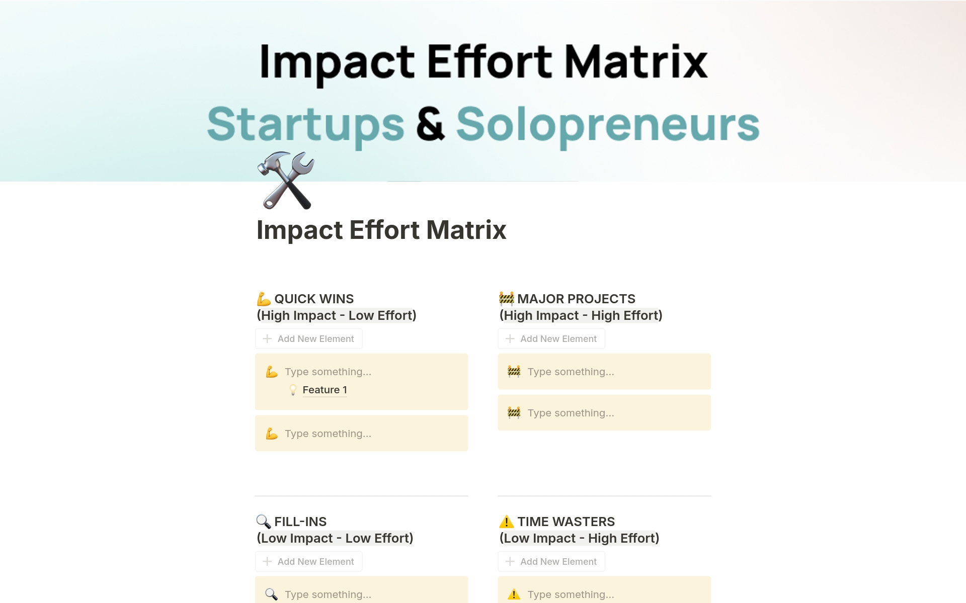 En forhåndsvisning av mal for Impact Effort Matrix for Startups & Solopreneurs