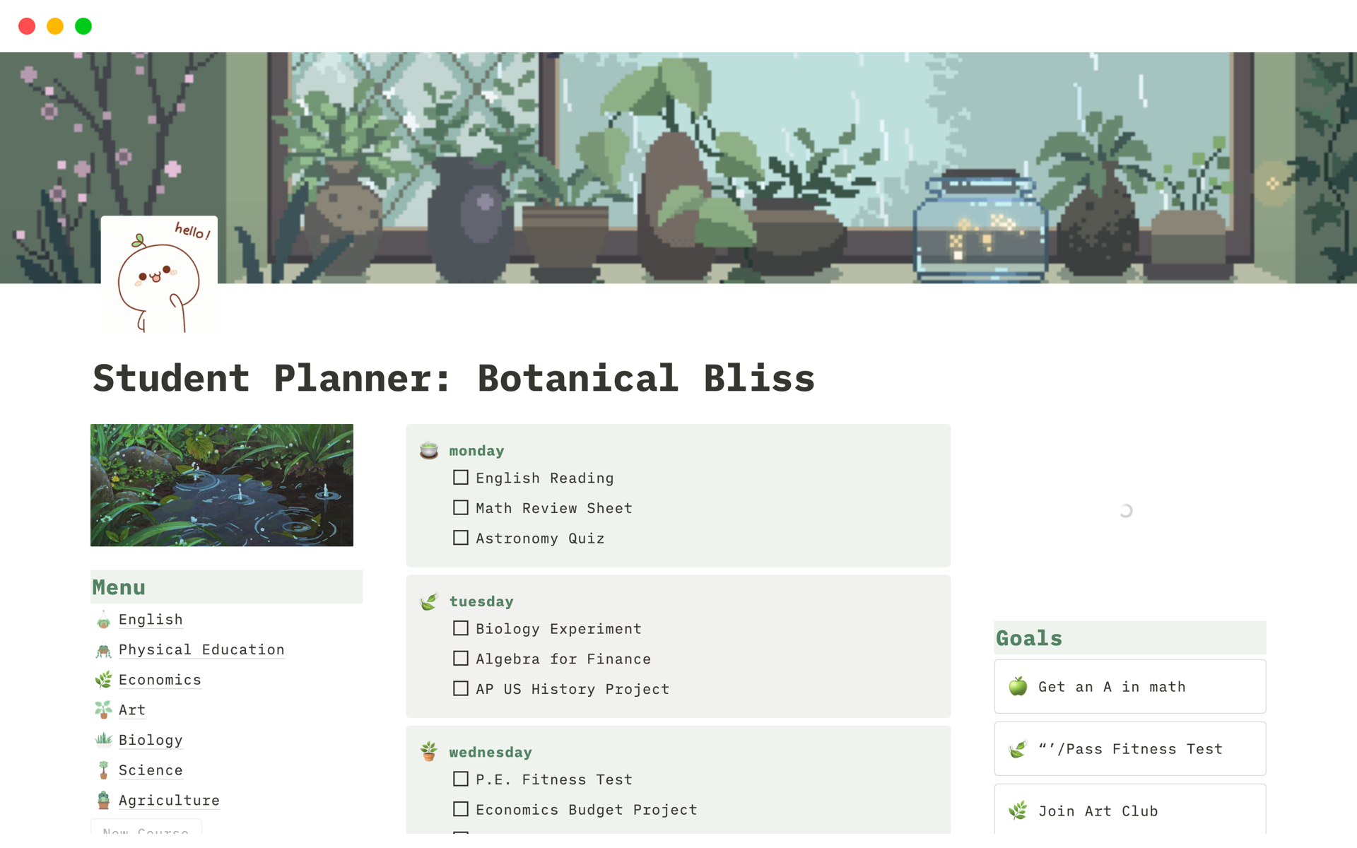 The Botanical Bliss Student Planner merges a plant theme with curated Spotify playlists, fostering a visually soothing and focused academic environment. It transforms the study routine for enhanced concentration, motivation, and academic success.