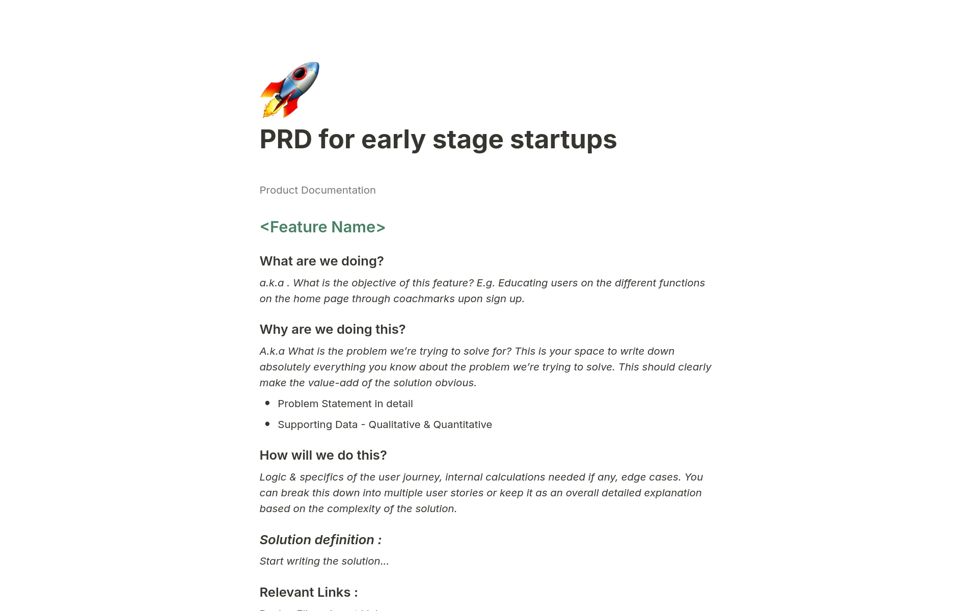 Vista previa de plantilla para PRD for early-stage Startups 🚀