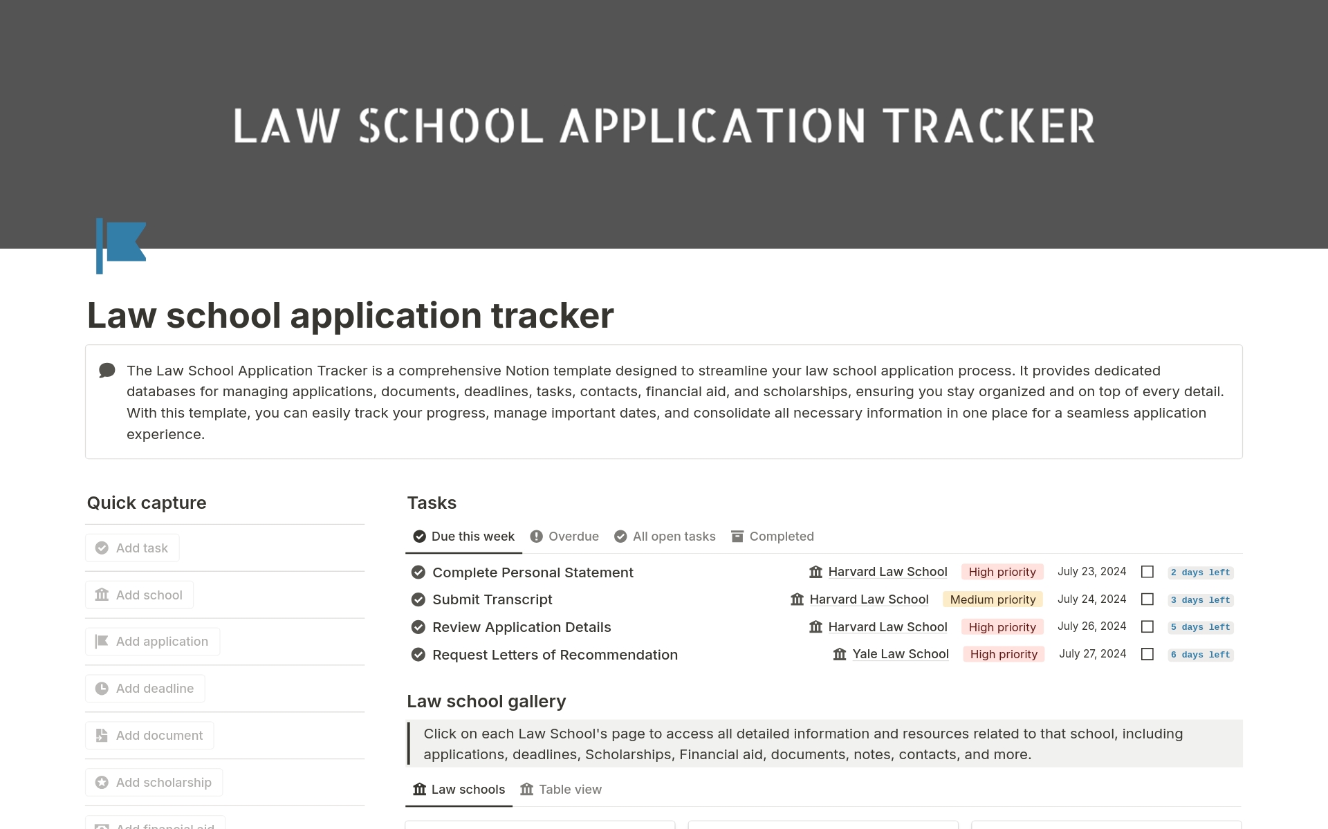 The Law School Application Tracker is a comprehensive Notion template designed to streamline your law school application process. 