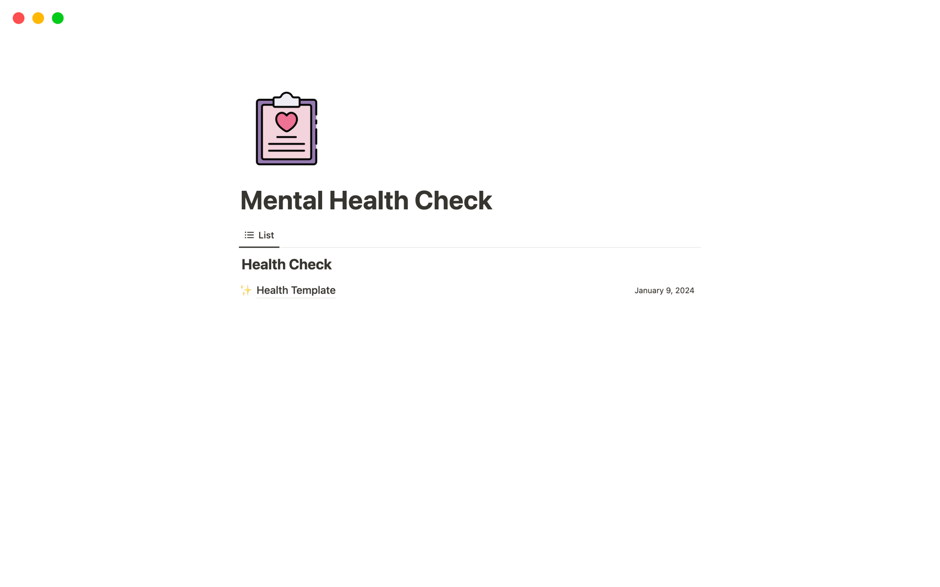 En forhåndsvisning av mal for Mental Health Check