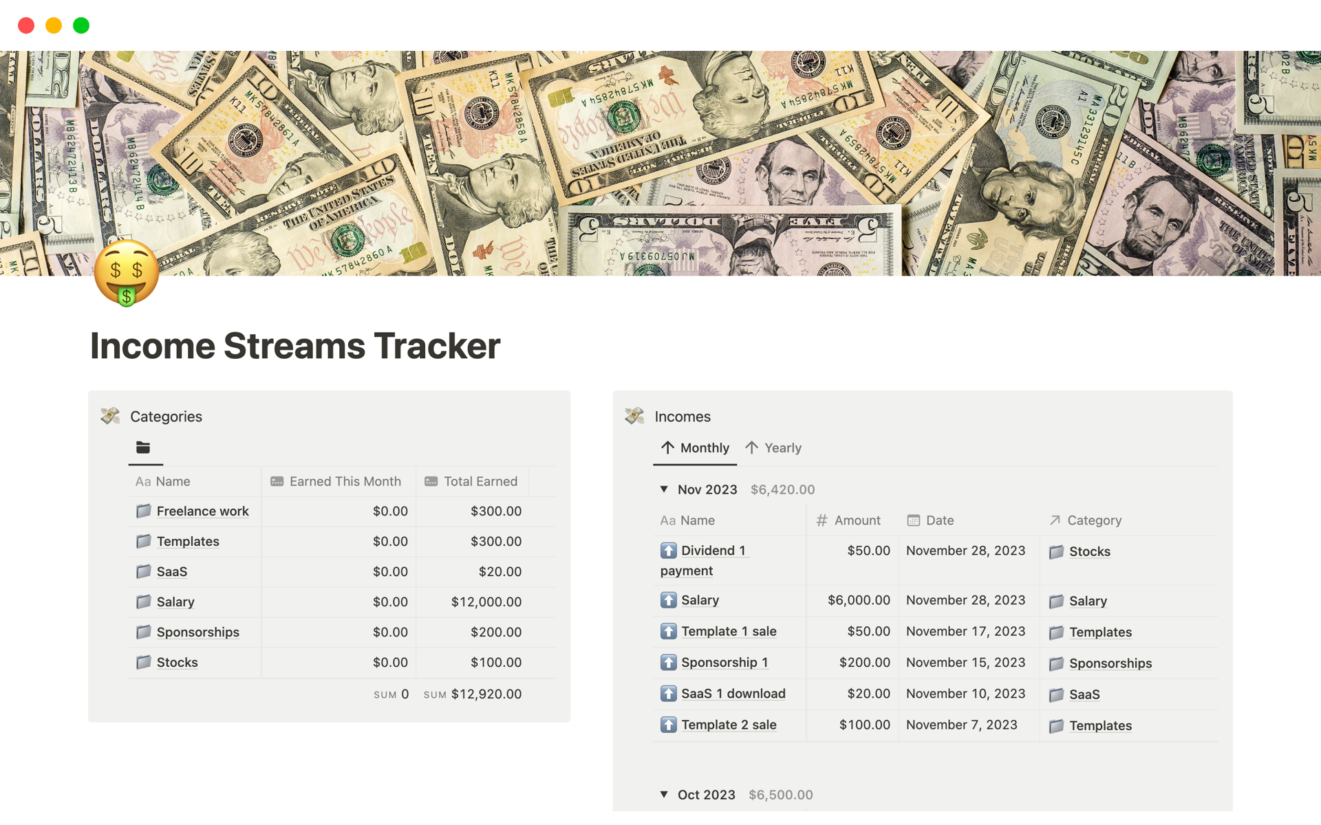 Efficiently categorize and track your multiple money income streams with our Notion template, offering a clear view of your monthly and total earnings, designed for simplicity and ease of use.