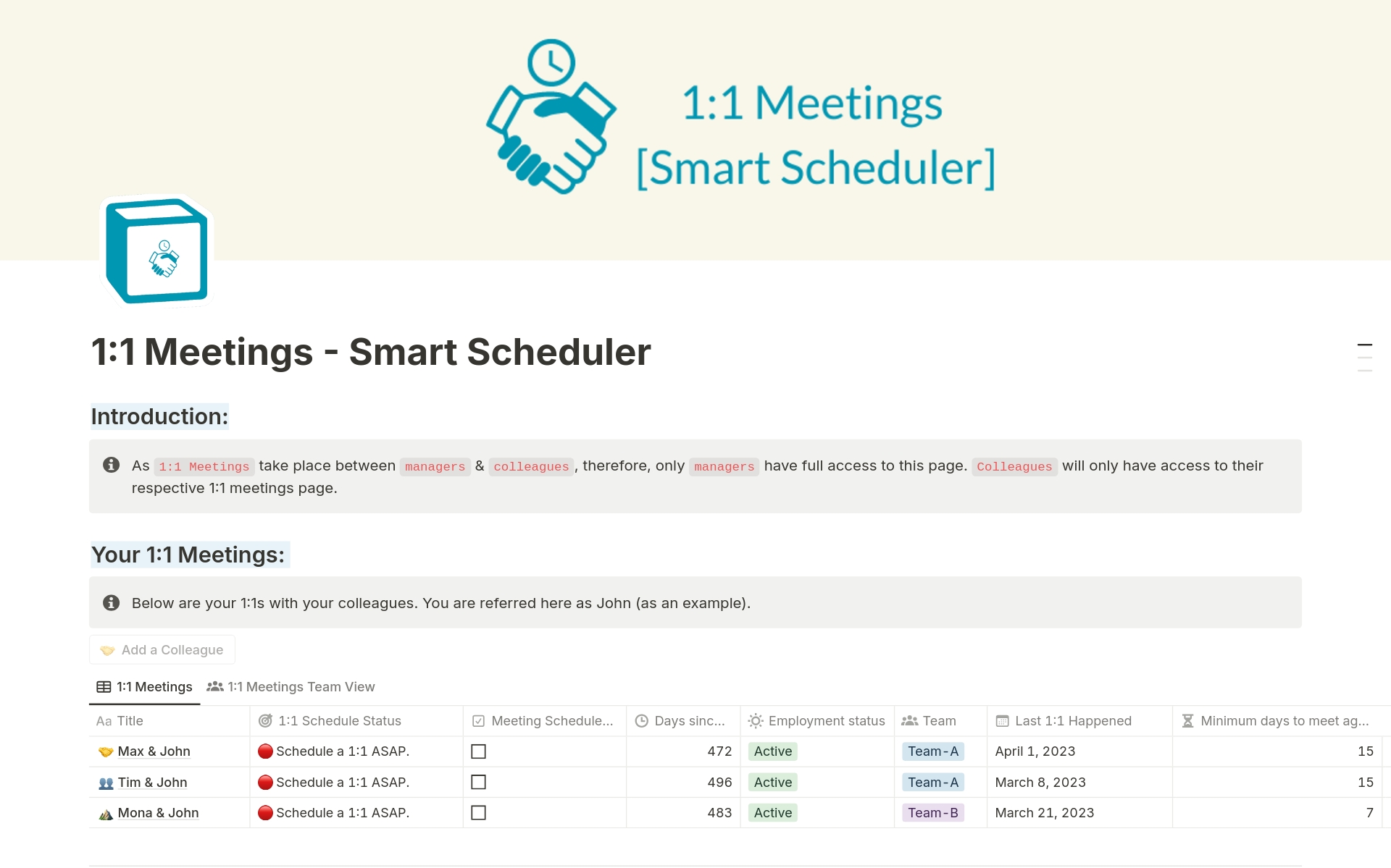 A template preview for 1:1 Meetings - Smart Scheduler