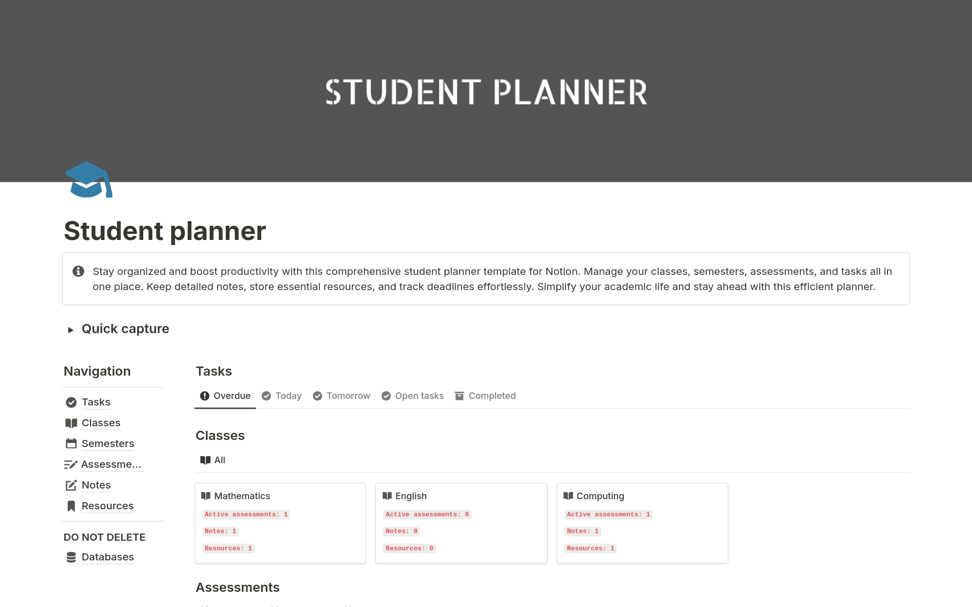 En förhandsgranskning av mallen för Student planner
