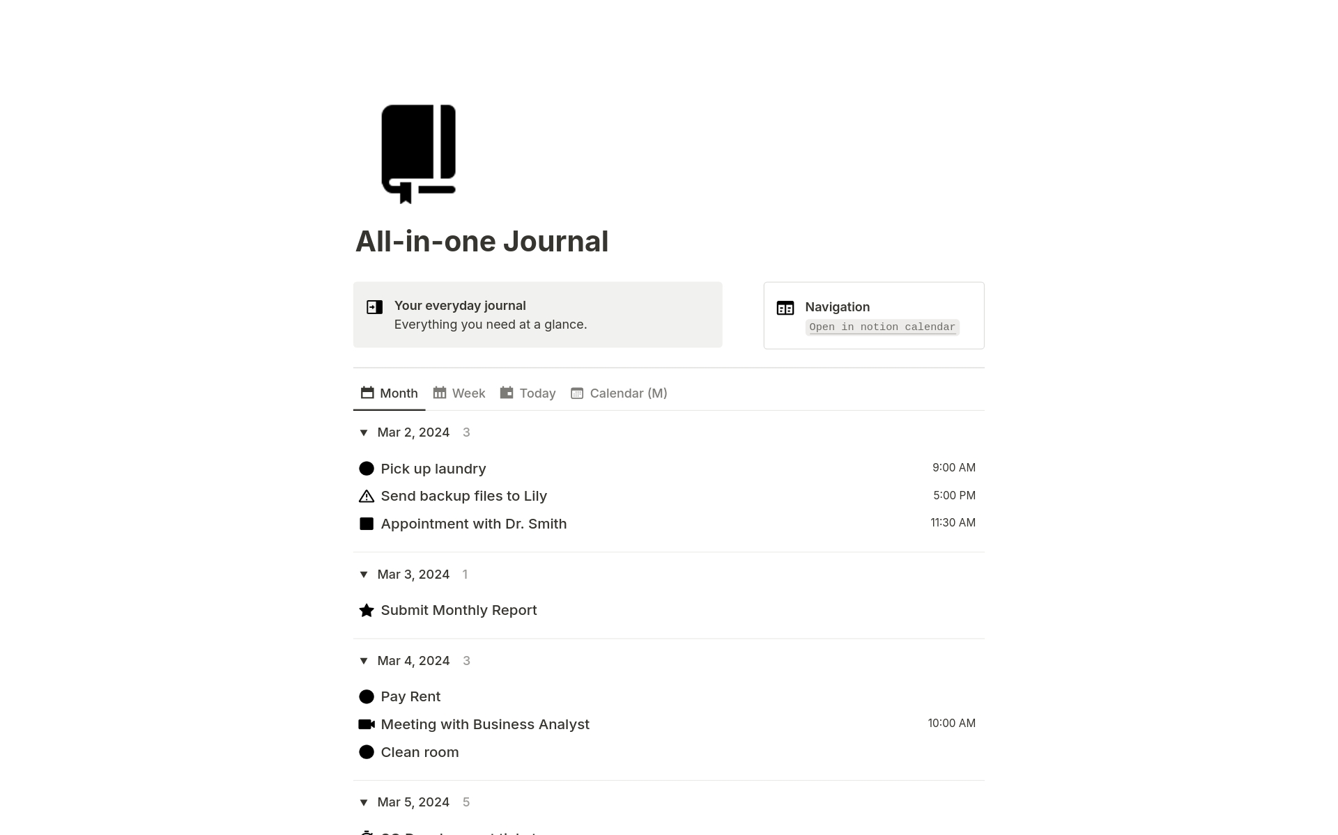 A template preview for At a glance everyday journal