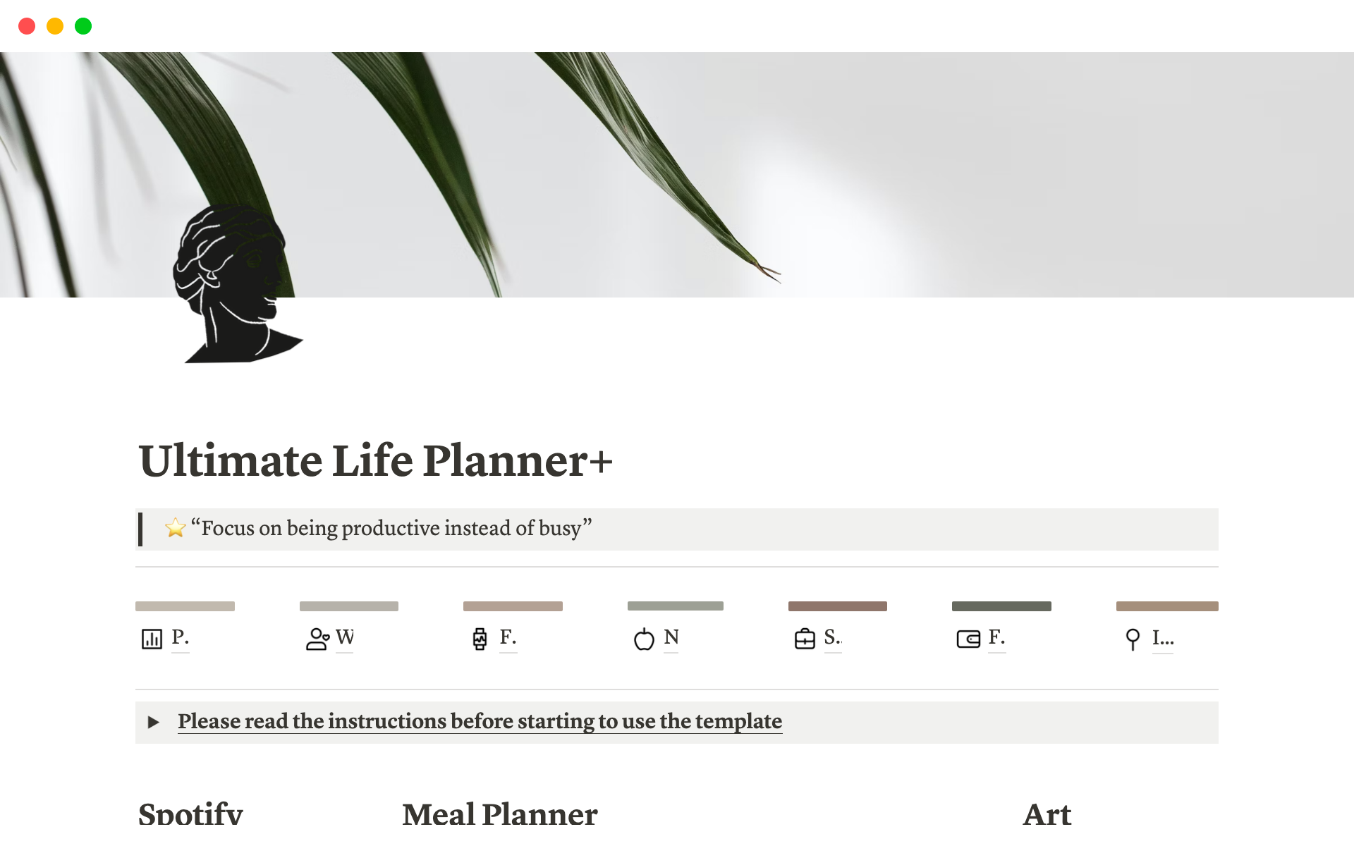 En forhåndsvisning av mal for All-in-one Life Planner Notion Template