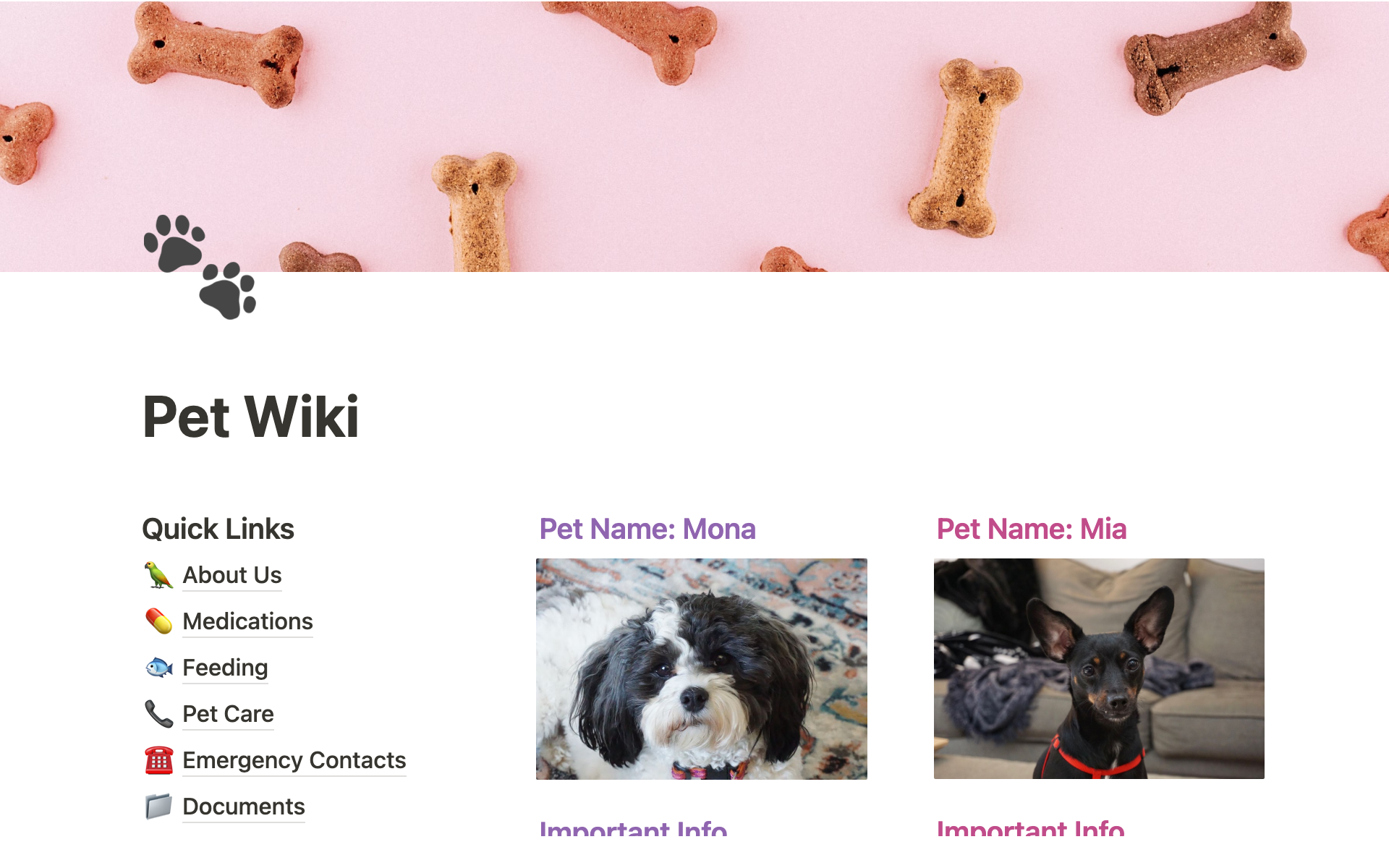 En forhåndsvisning av mal for Pet Wiki & Sitter Onboarding