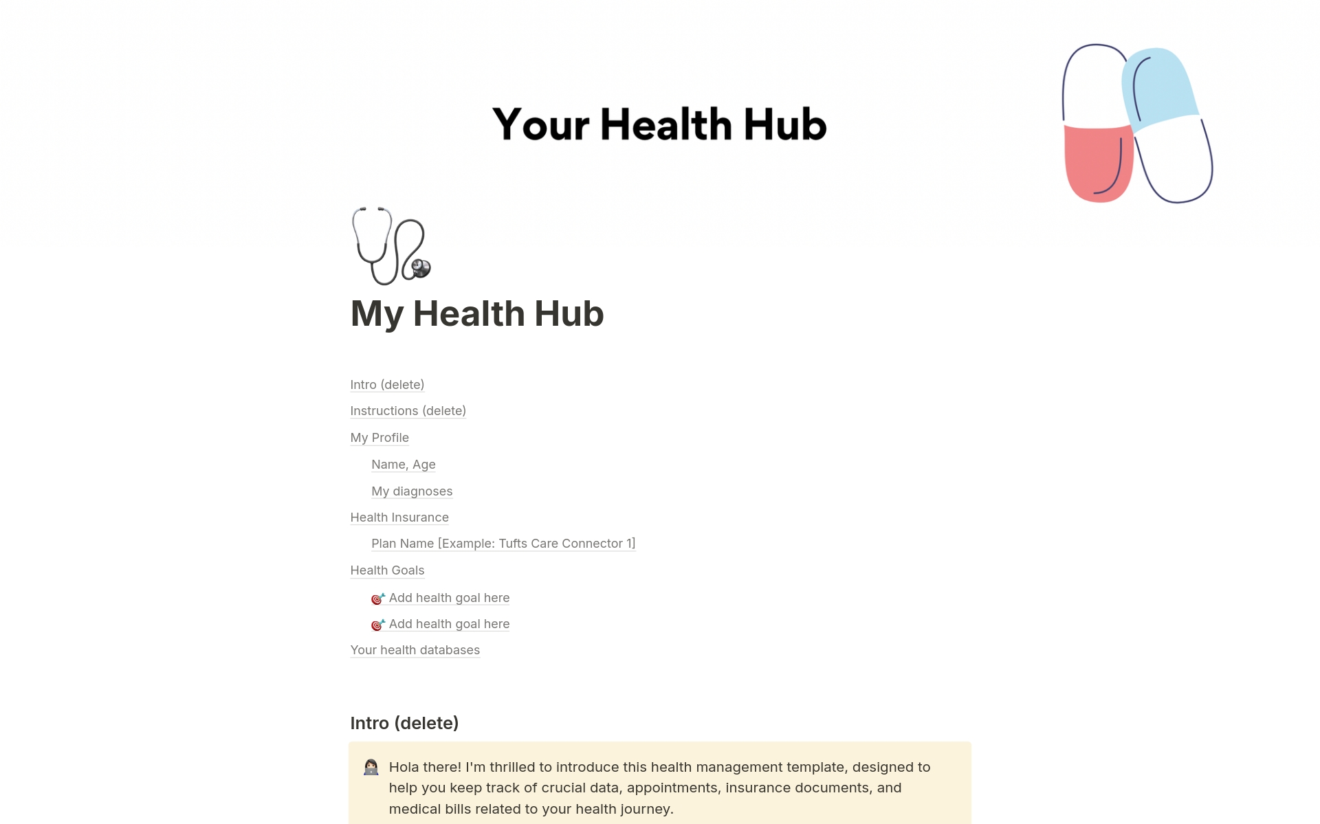 Vista previa de una plantilla para My Health Hub