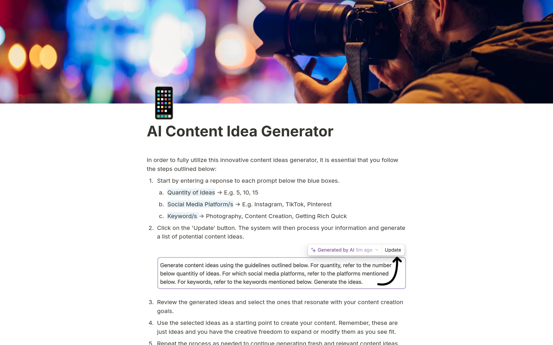 🚀 Unleash your creativity with the AI Content Idea Generator! 🎨✨ Perfect for busy content creators, this Notion digital product sparks fresh ideas for posts, videos, and more in seconds. Get endless inspiration at your fingertips and elevate your content game! 📈🔥