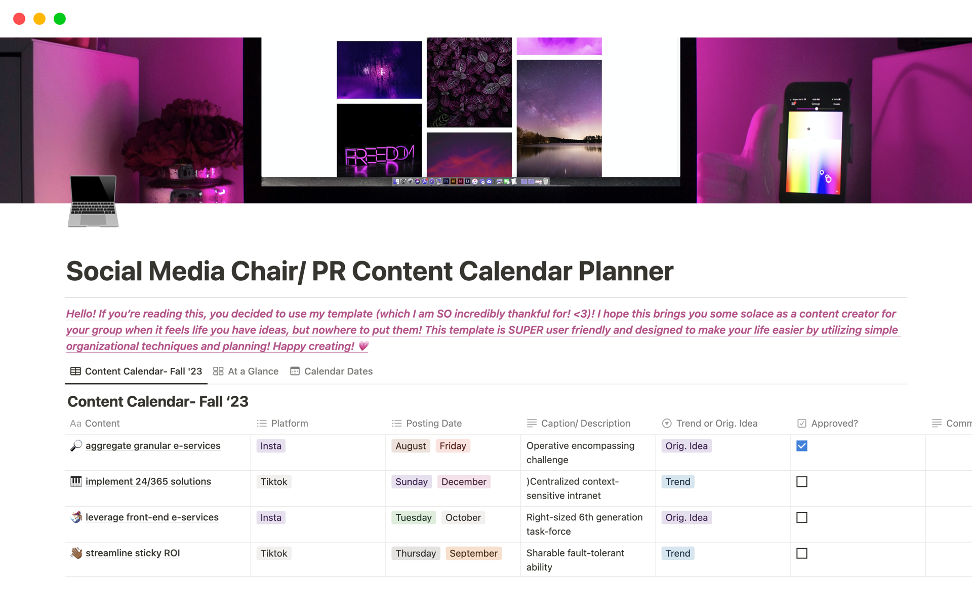 En forhåndsvisning av mal for Social Media Chair/ PR Content Calendar Planner