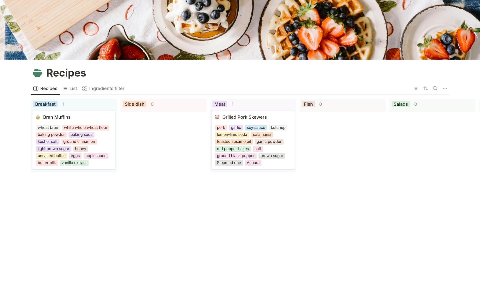 Simple recipe template. There is a filter by ingredients. Recipes are divided into categories