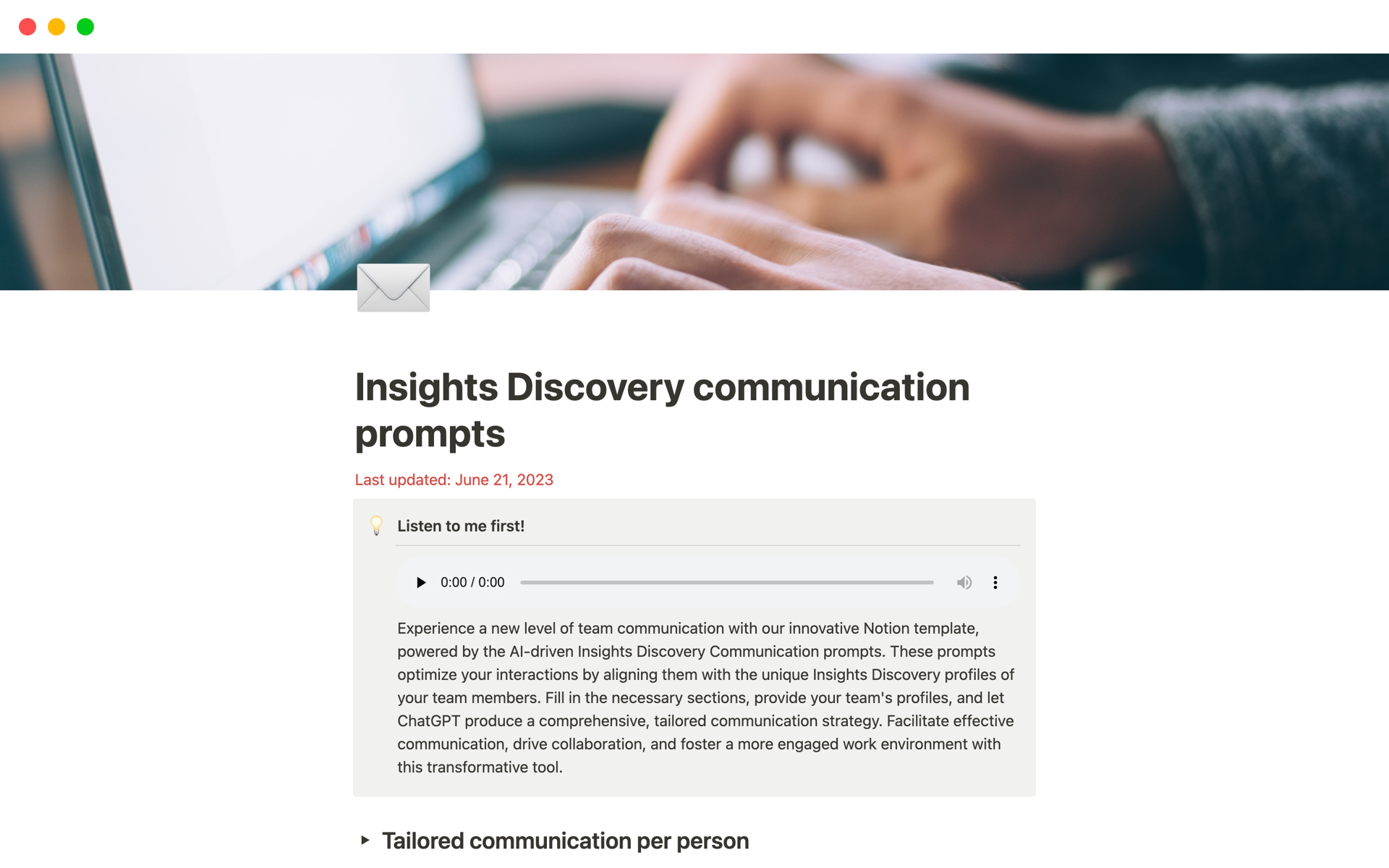 Eine Vorlagenvorschau für Insights Discovery communication prompts