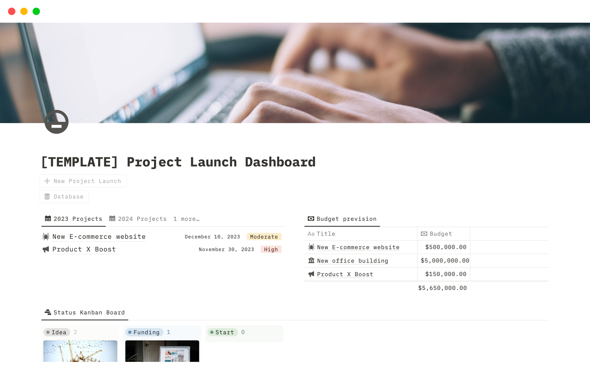 Uma prévia do modelo para Project Launch Dashboard