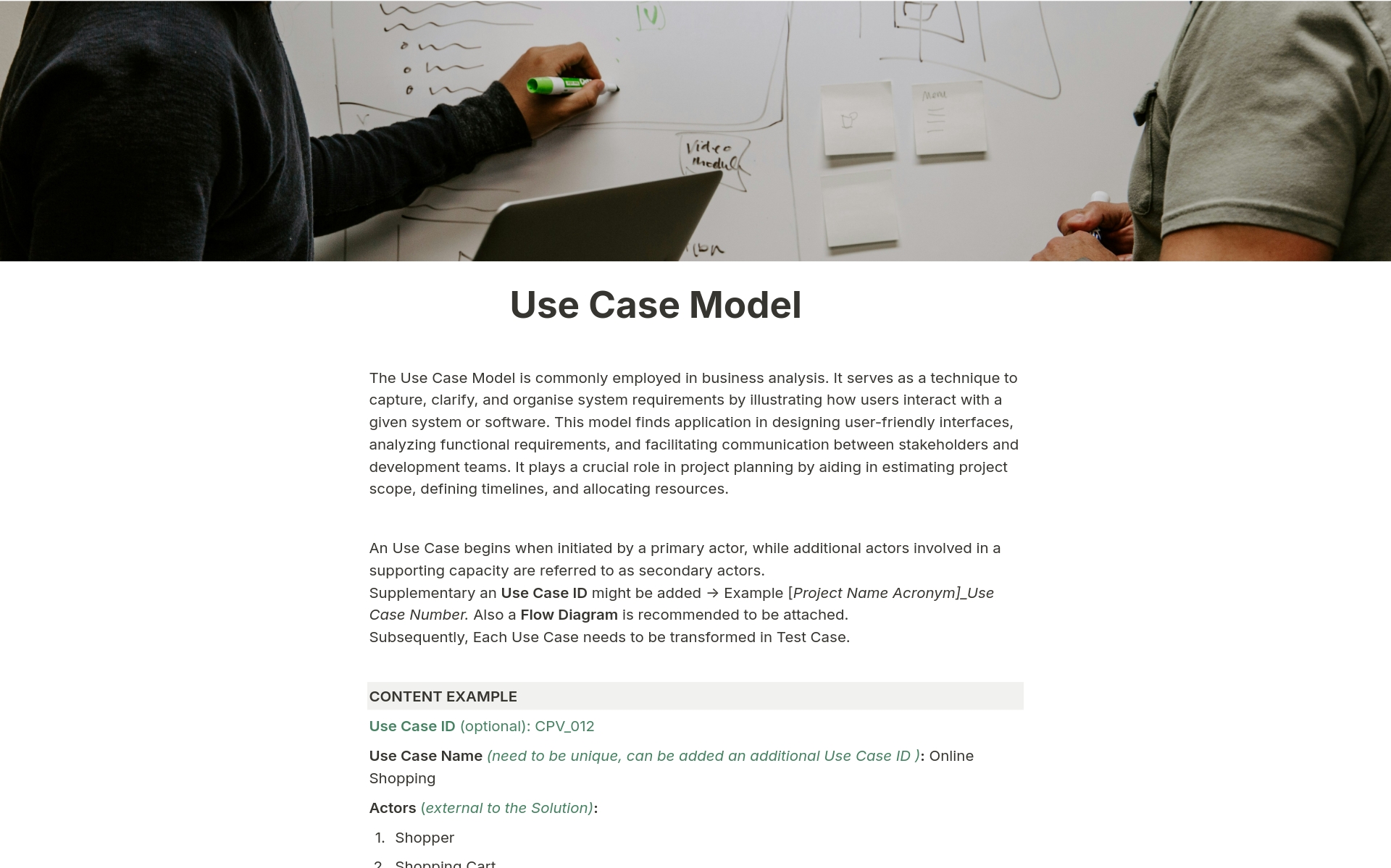 En forhåndsvisning av mal for Use Case Model