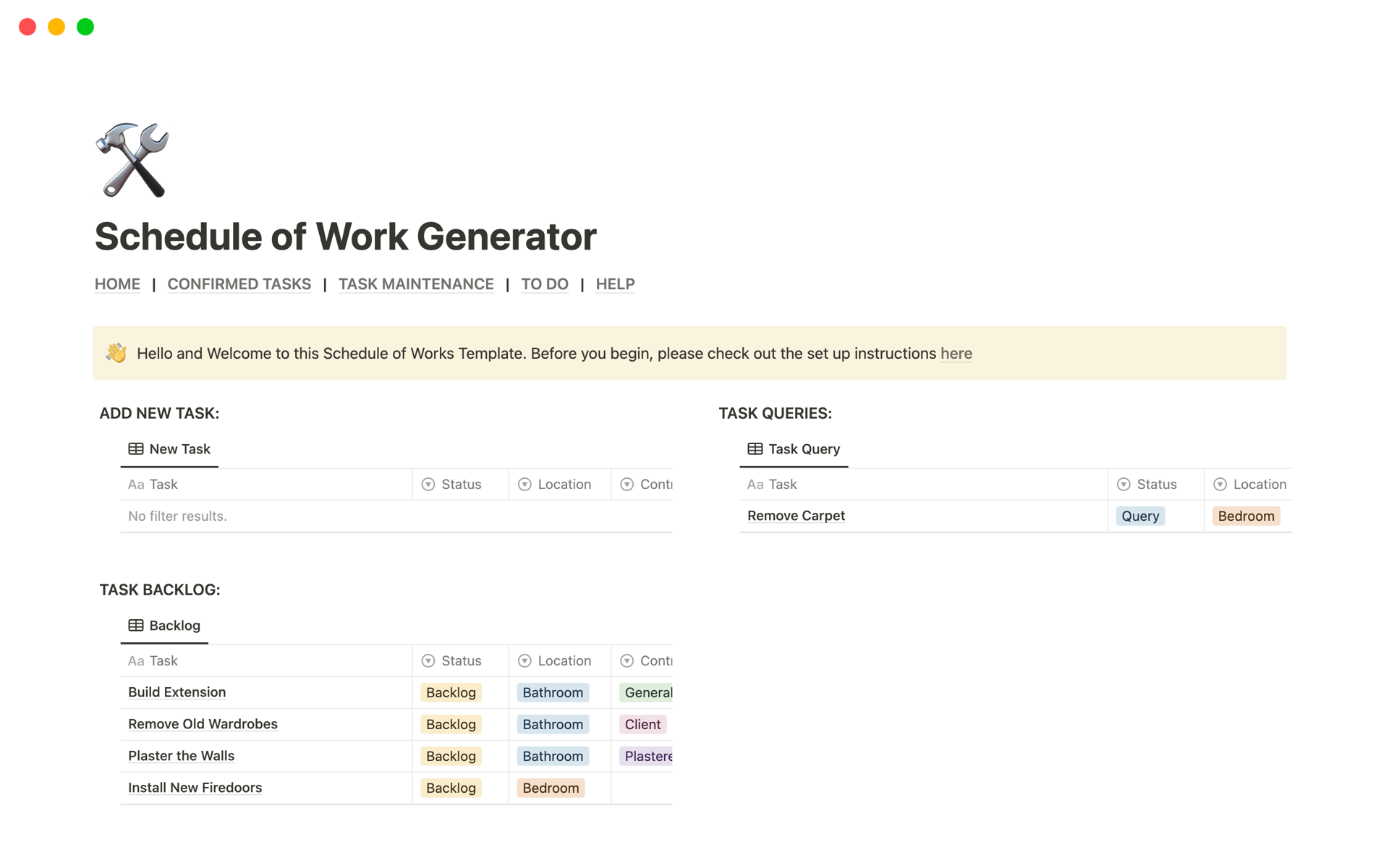 En forhåndsvisning av mal for Schedule of Construction Work Generator