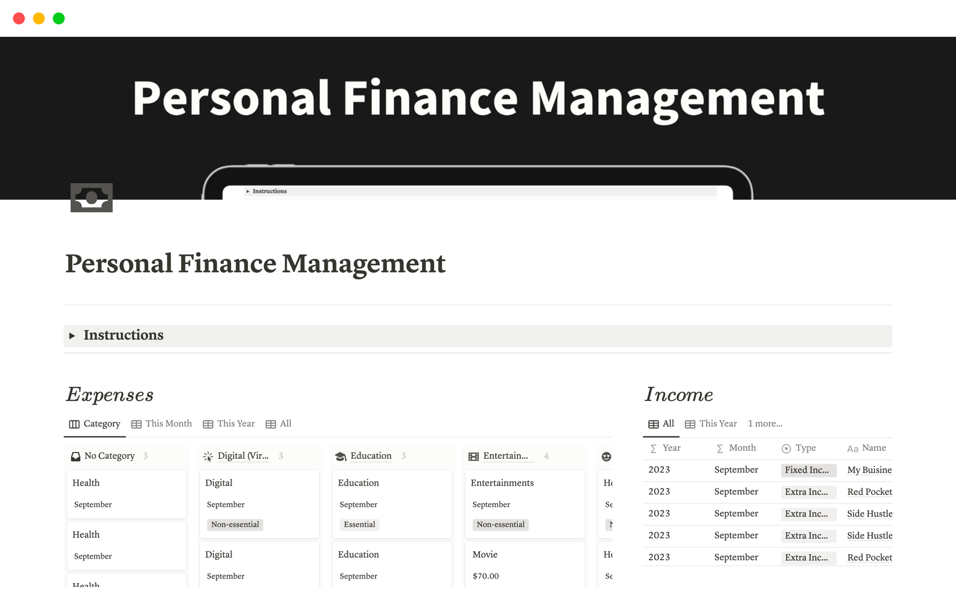 En förhandsgranskning av mallen för Personal Finance Management