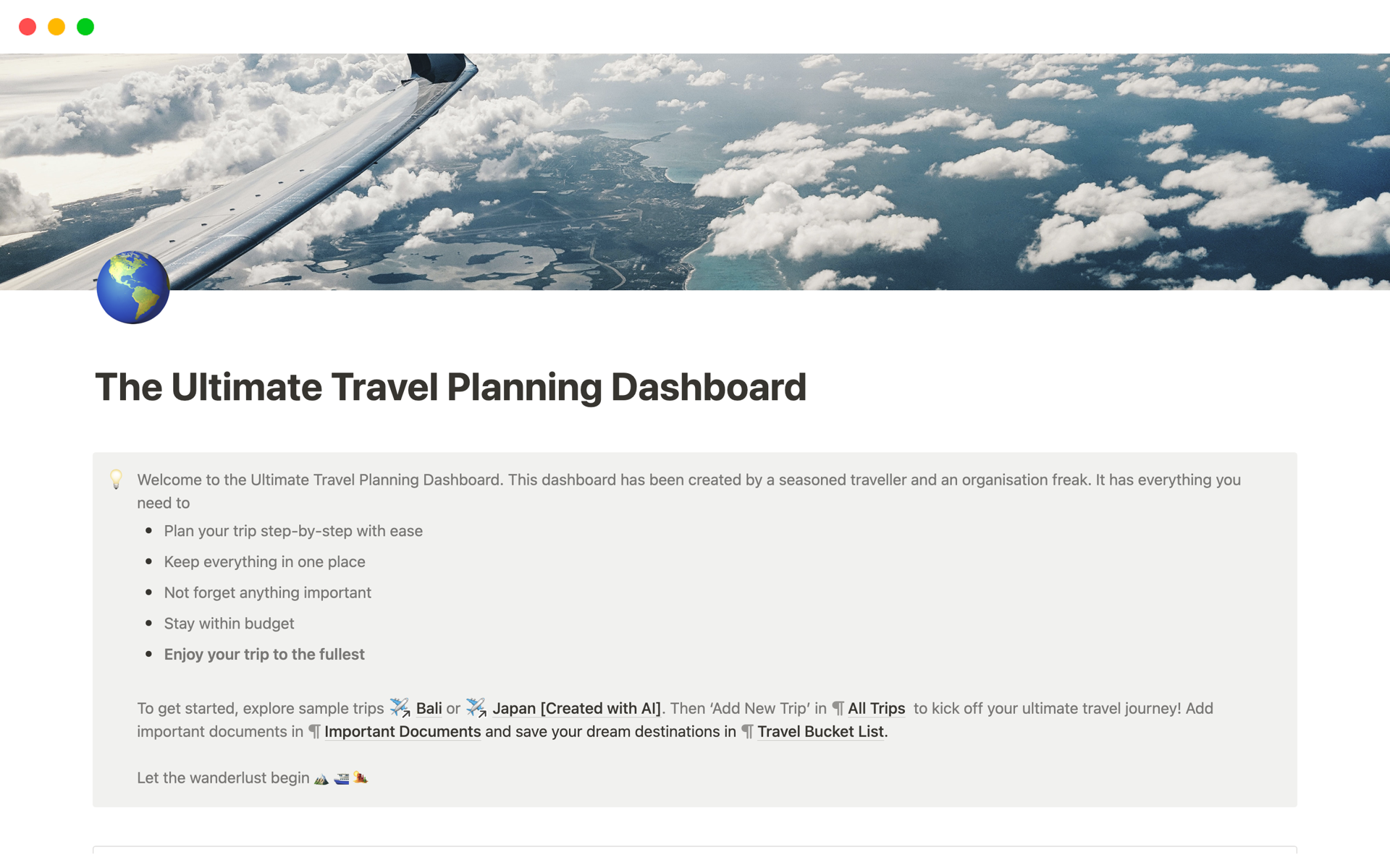En forhåndsvisning av mal for Travel Planner | All You Need