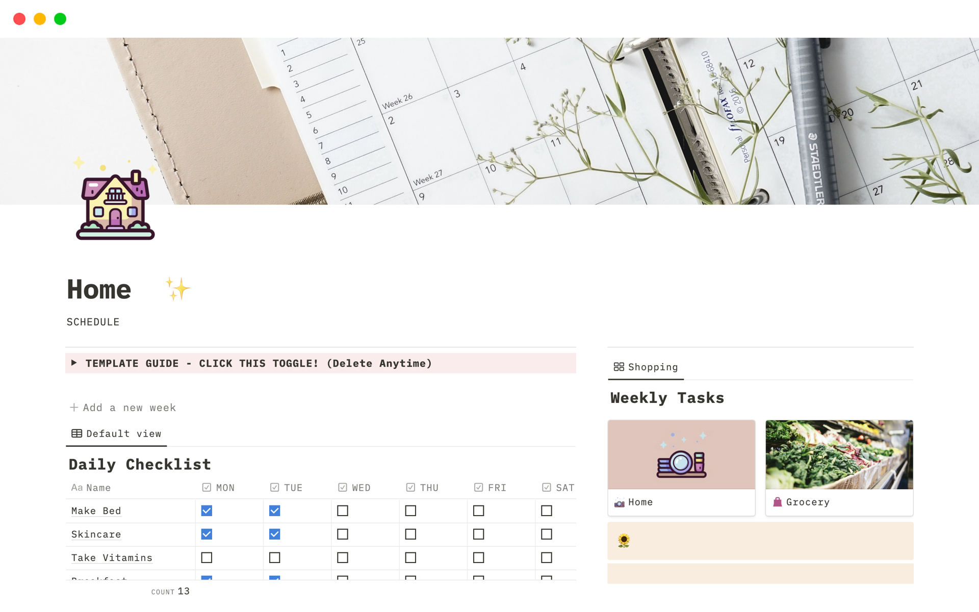 The Weekly Task tracker by Area has a handy little feature of showing you what's due today. It shows you a CHECKMARK and sorts itself to the top. Simple change the "scheduled for" to what day of the week you want to do it and it will automatically work.