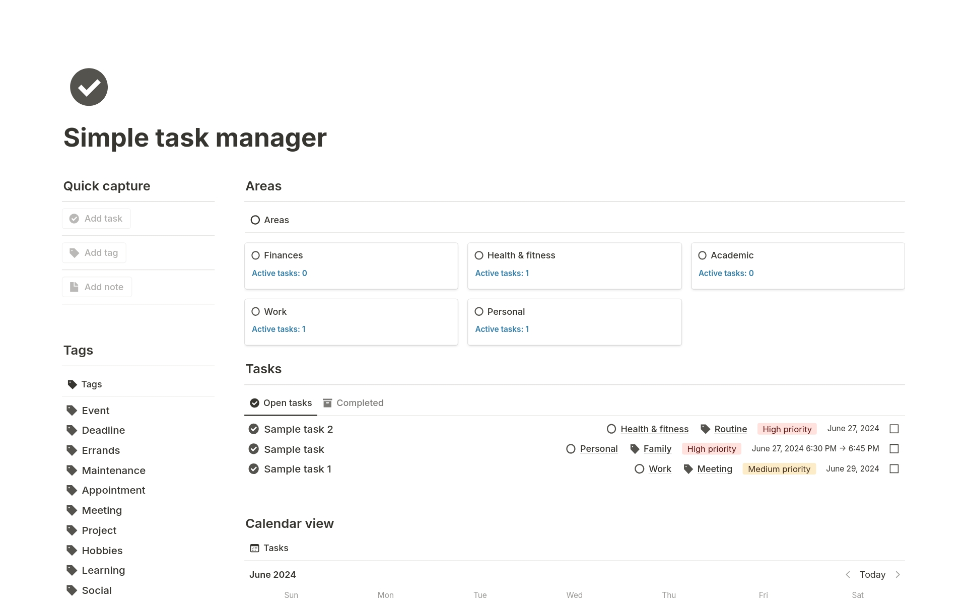 Vista previa de una plantilla para Simple task manager