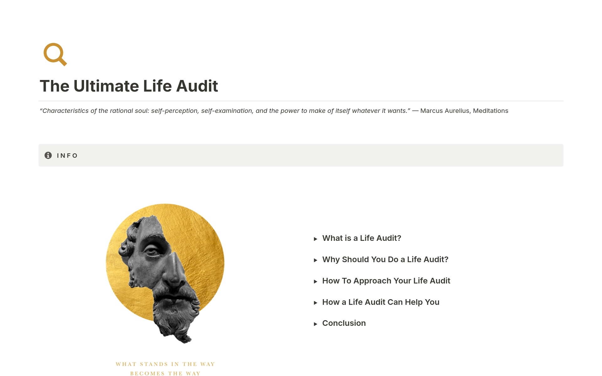 Discover your true self, gain clarity and understanding with The Ultimate Life Audit - FREE Notion Workbook
A complete, easy-to-use guide that helps you uncover deep insights and brings you closer to self-discovery and fulfillment.