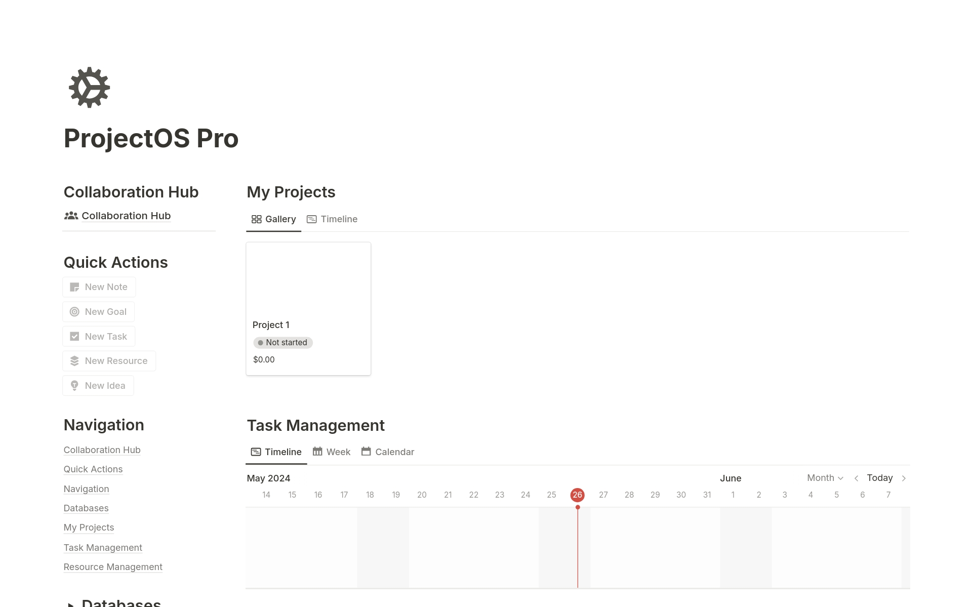 En forhåndsvisning av mal for ProjectOS: Project Management