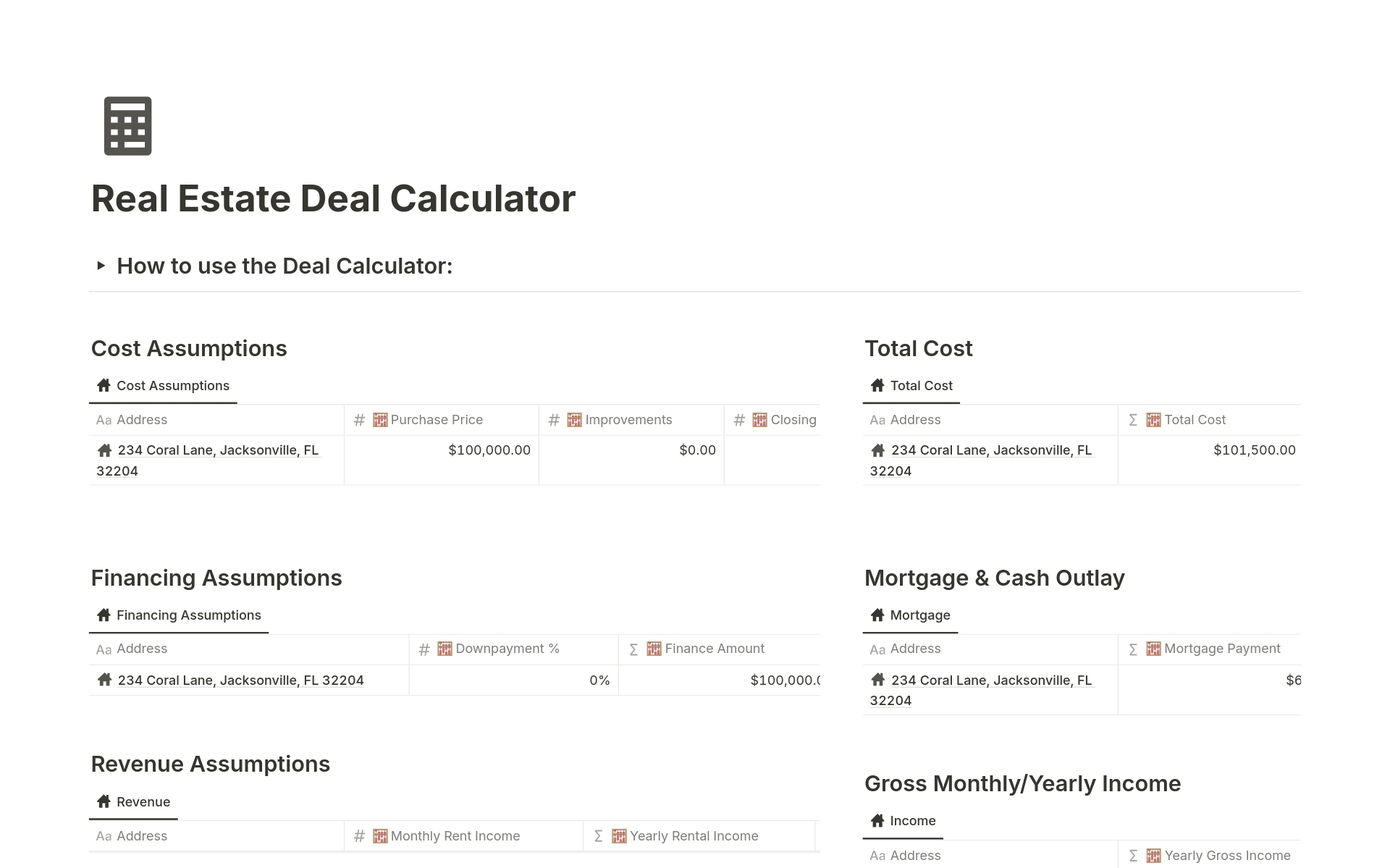 A template preview for Real Estate Deal Calculator